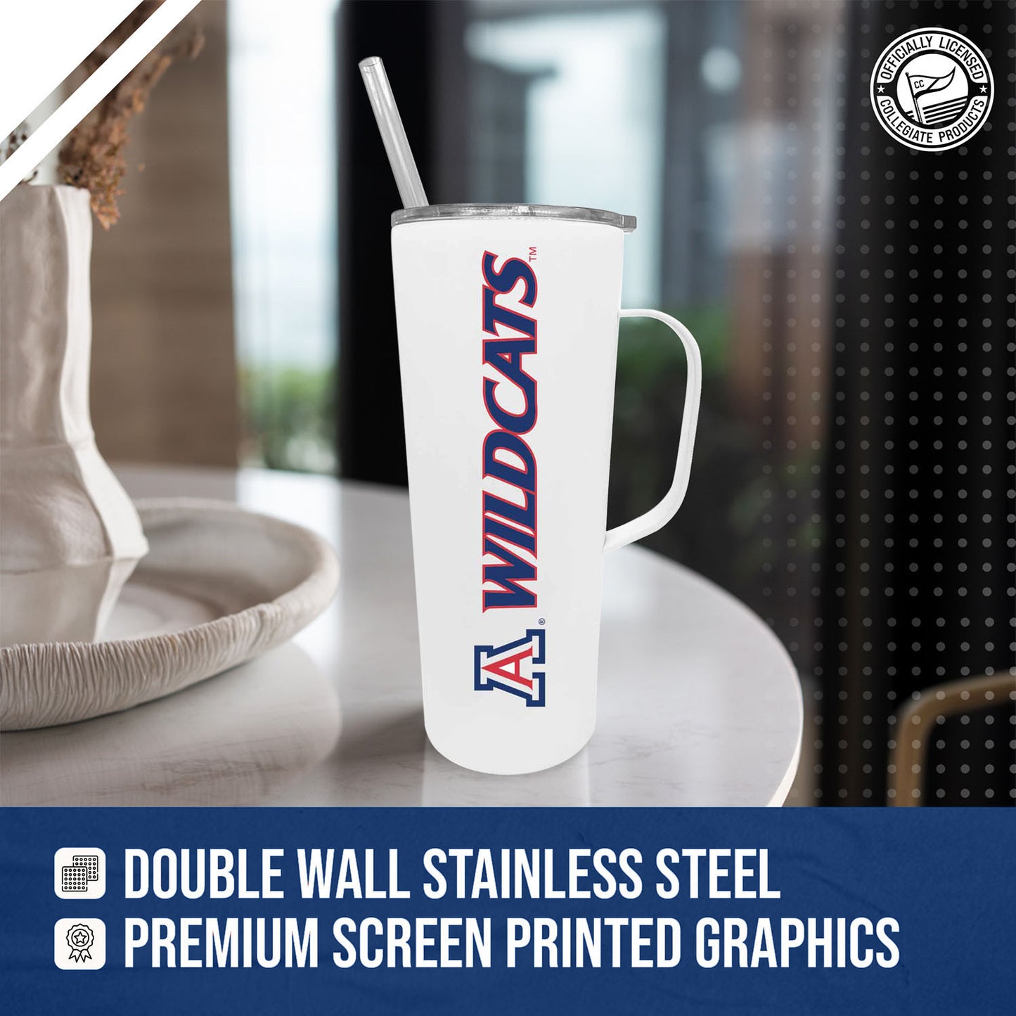 Arizona Wildcats NCAA Stainless Steal 20oz Roadie With Handle & Dual Option Lid With Straw - White