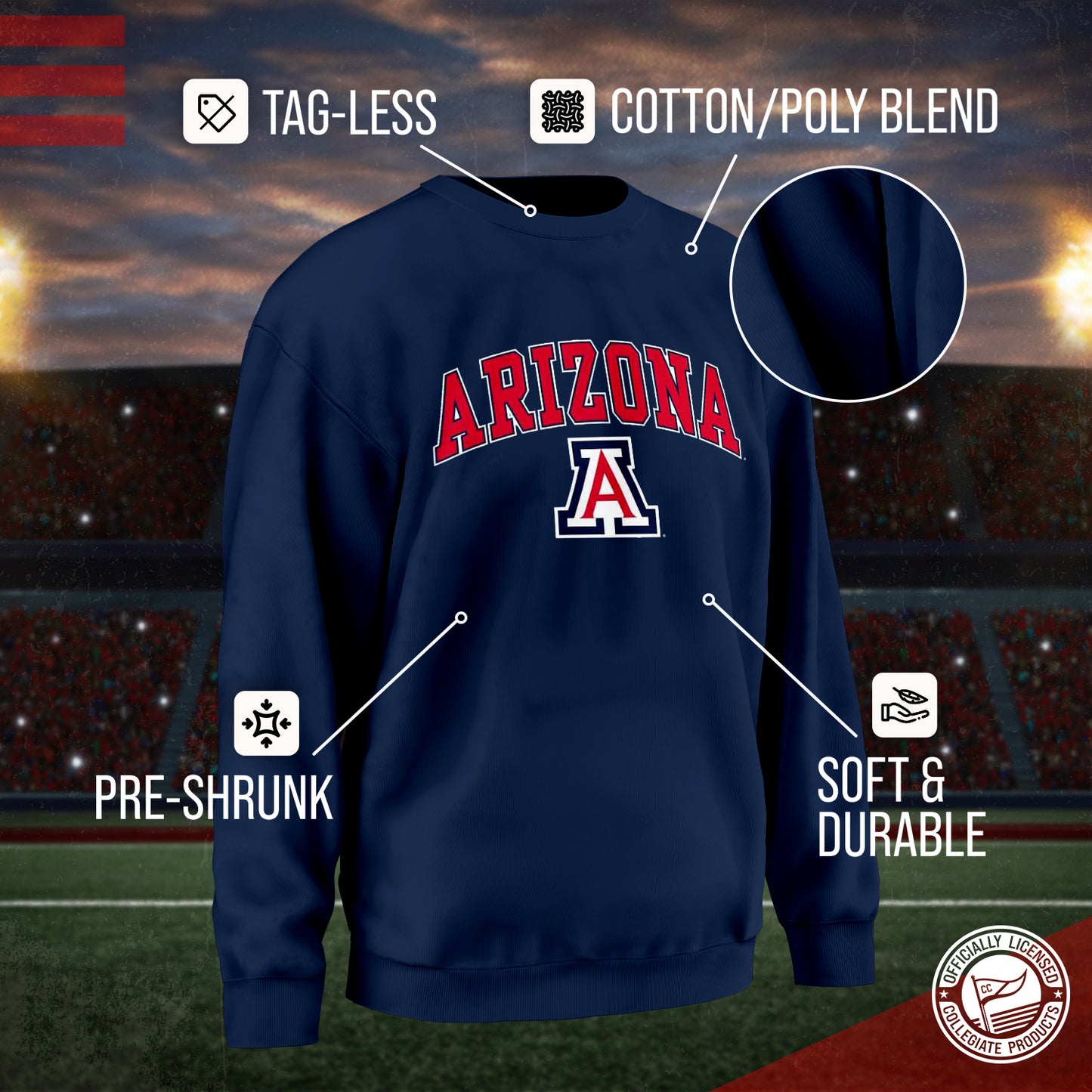 Arizona Wildcats Adult Arch & Logo Soft Style Gameday Crewneck Sweatshirt - Navy