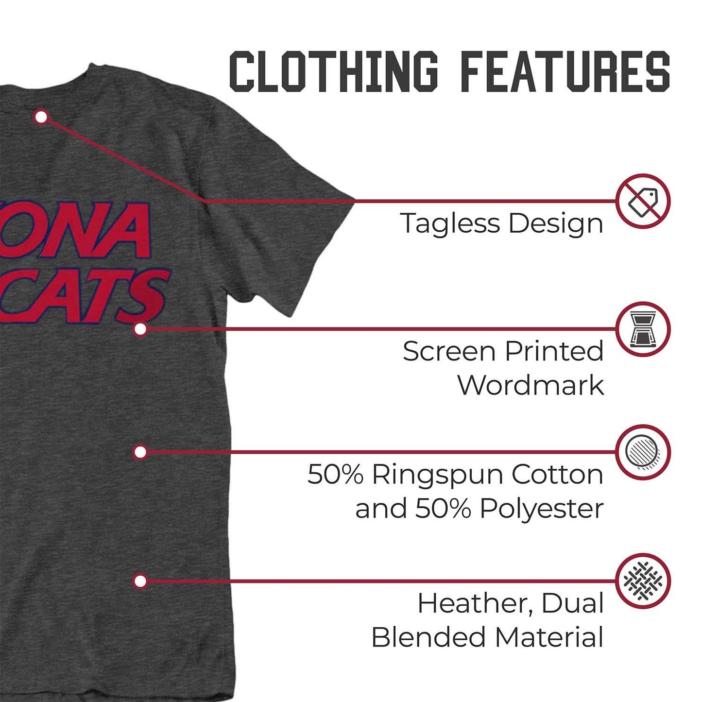 Arizona Wildcats Campus Colors NCAA Adult Cotton Blend Charcoal Tagless T-Shirt - Charcoal
