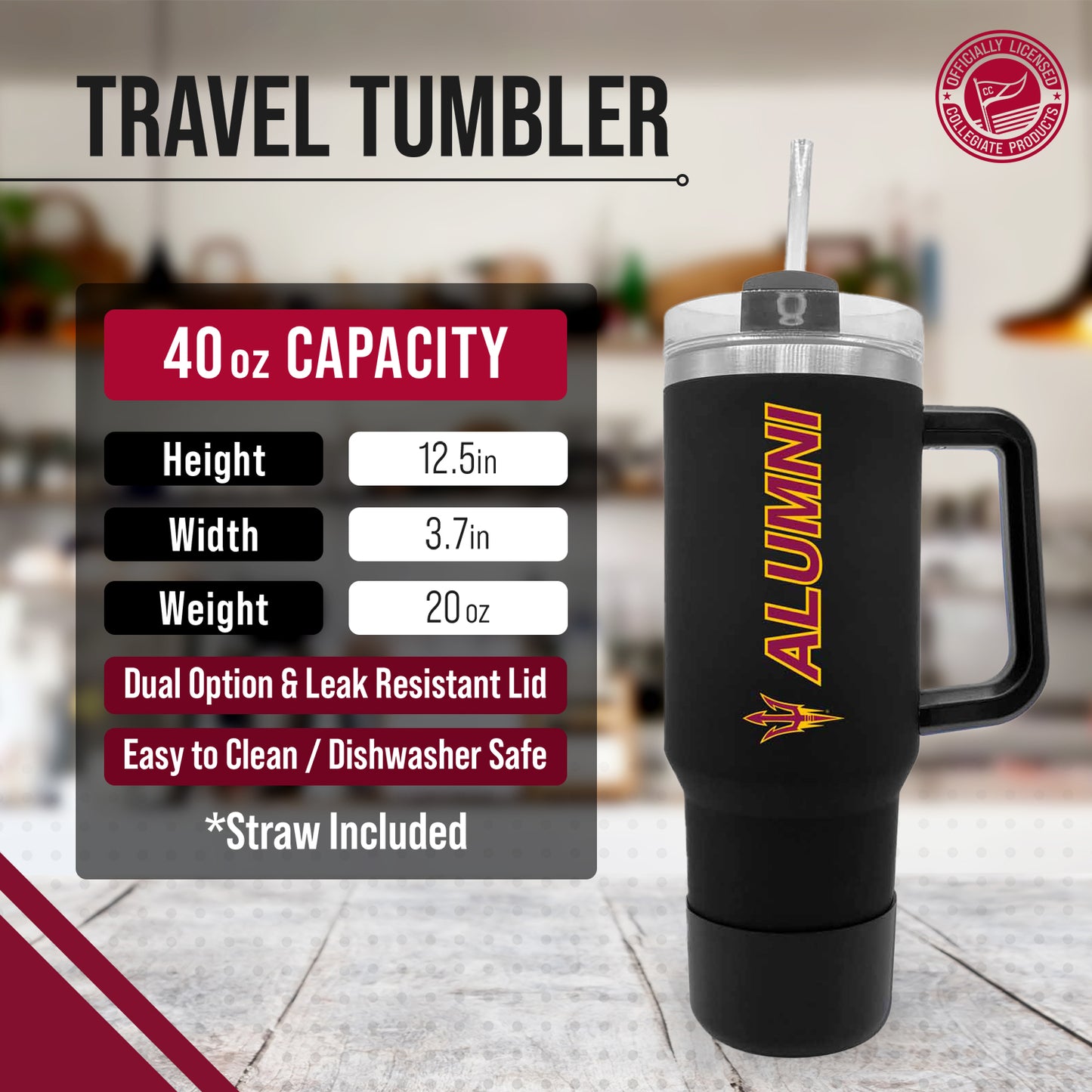 Arizona State Sun Devils Collegiate 40oz Stainless Steel Travel Tumbler with Handle for Alumni - Black