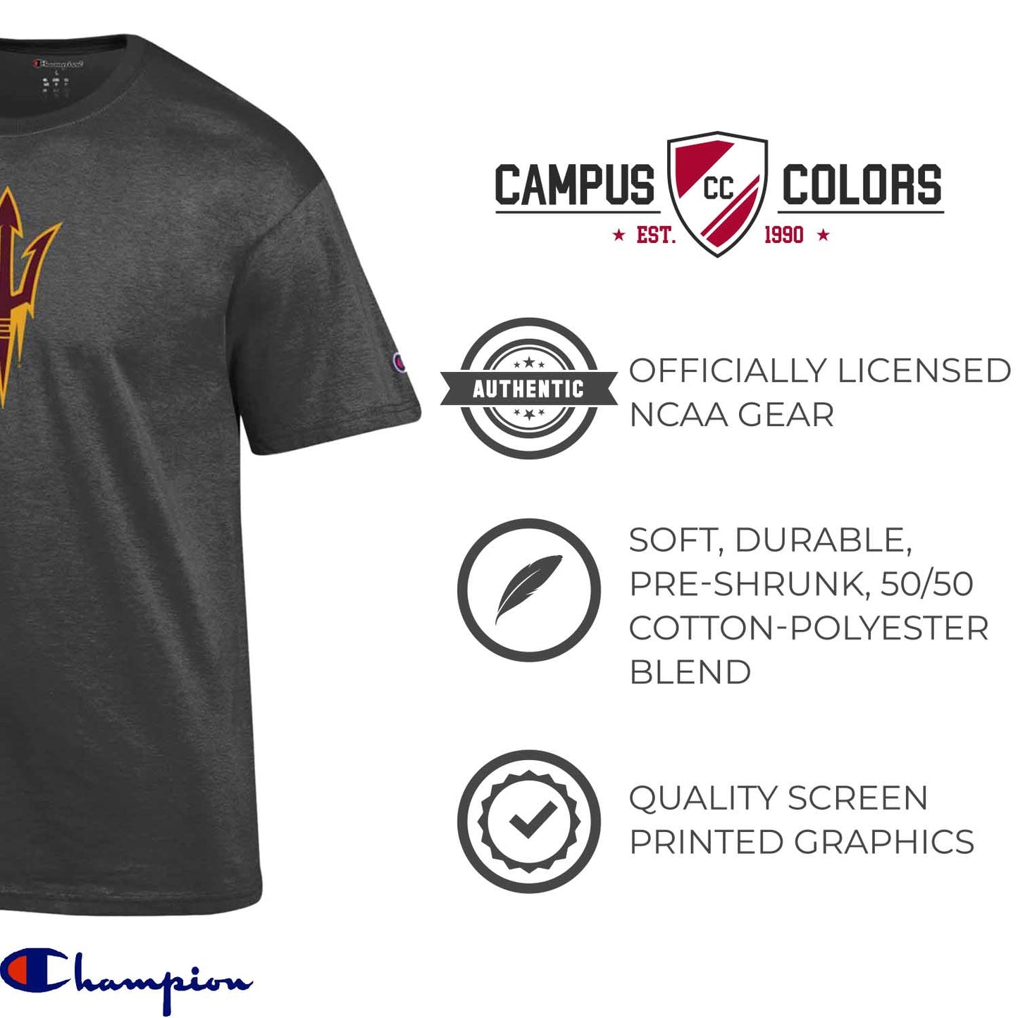 Arizona State Sun Devils Champion Adult NCAA Soft Style Mascot Tagless T-Shirt - Charcoal