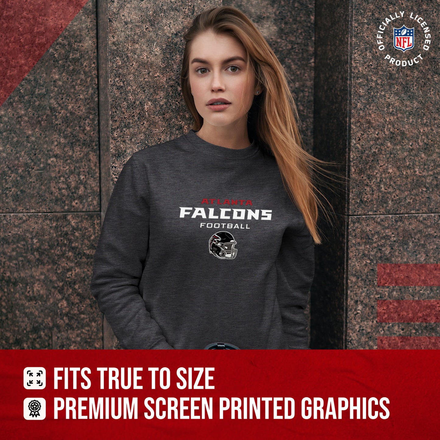 Atlanta Falcons Women's NFL Football Helmet Charcoal Slouchy Crewneck -Tagless Lightweight Pullover - Charcoal