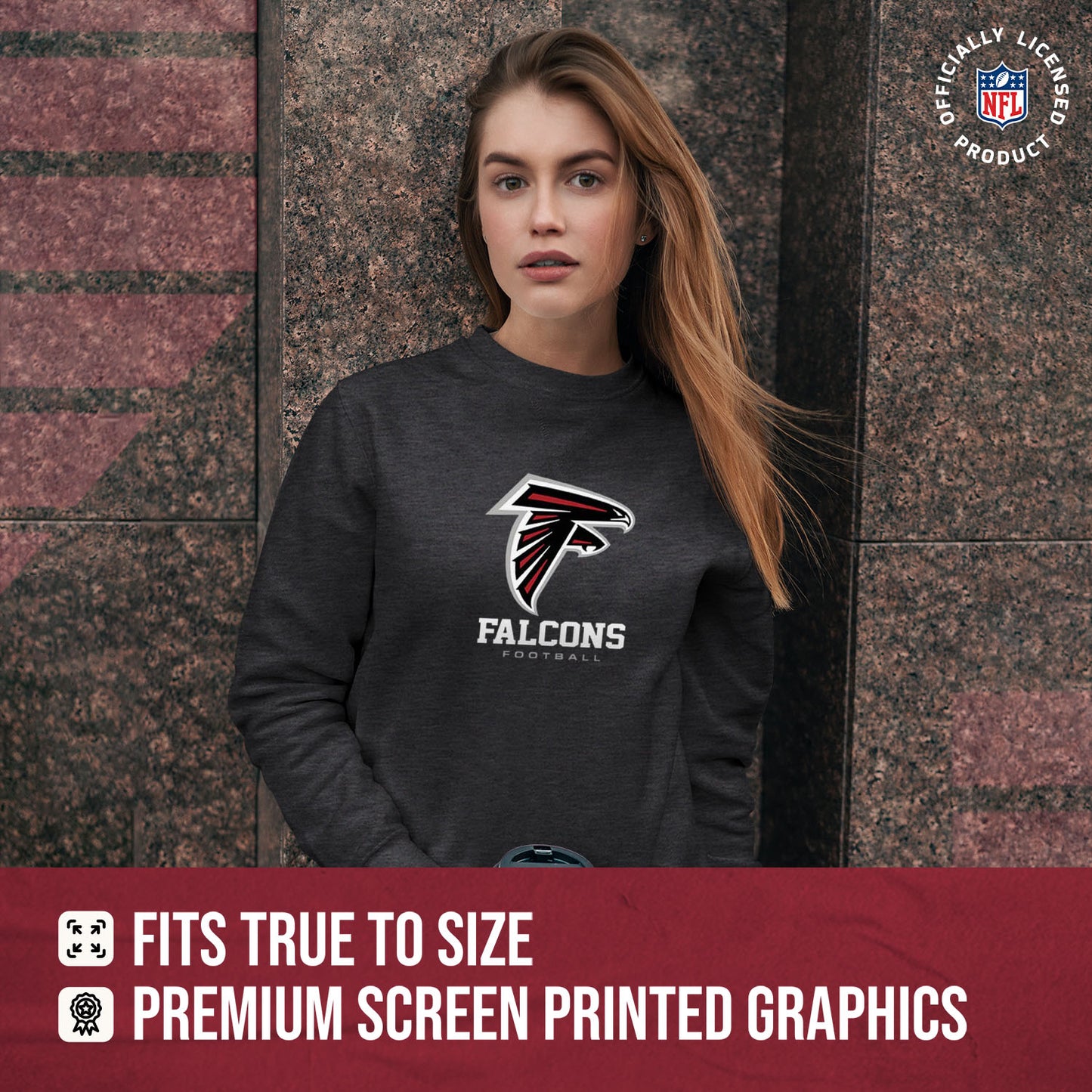 Atlanta Falcons Women's NFL Ultimate Fan Logo Slouchy Crewneck -Tagless Fleece Lightweight Pullover - Charcoal