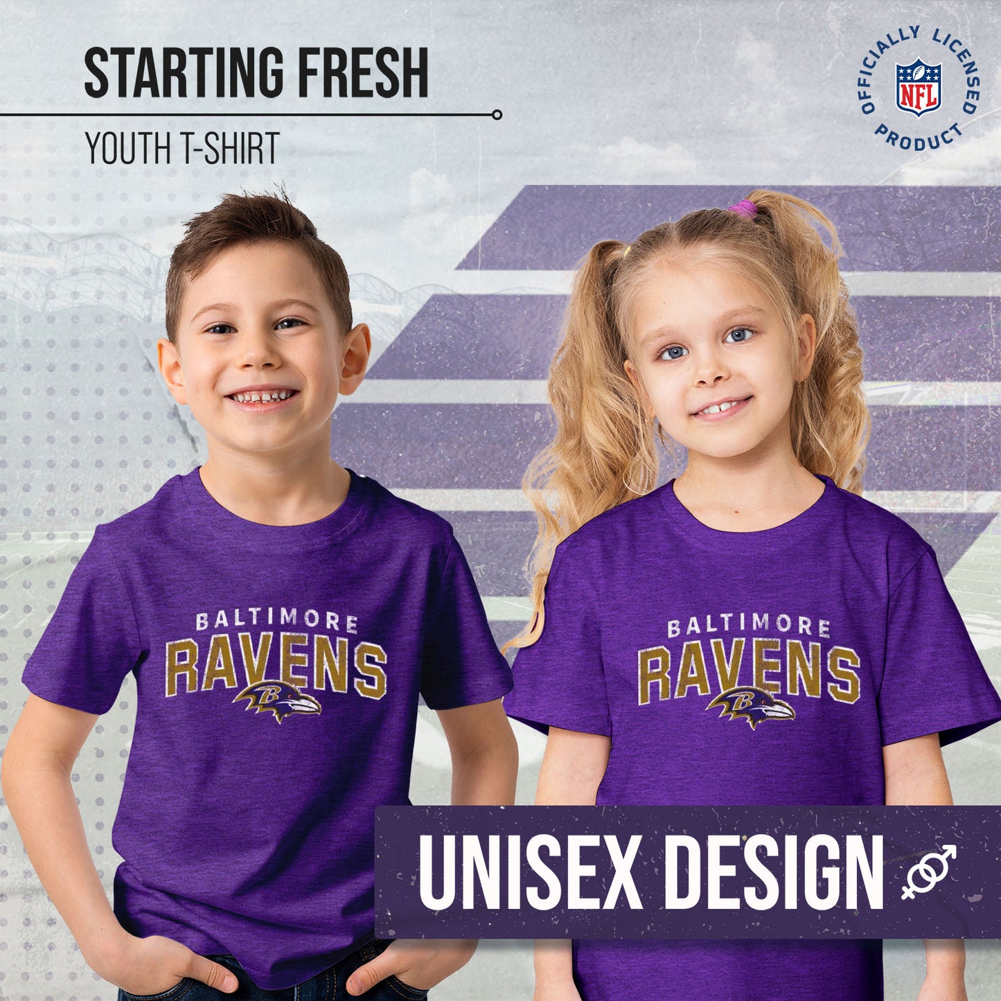 Baltimore Ravens NFL Youth Starting Fresh Tee- Pro Football Tag-Less T-Shirt For Boys & Girls - Purple