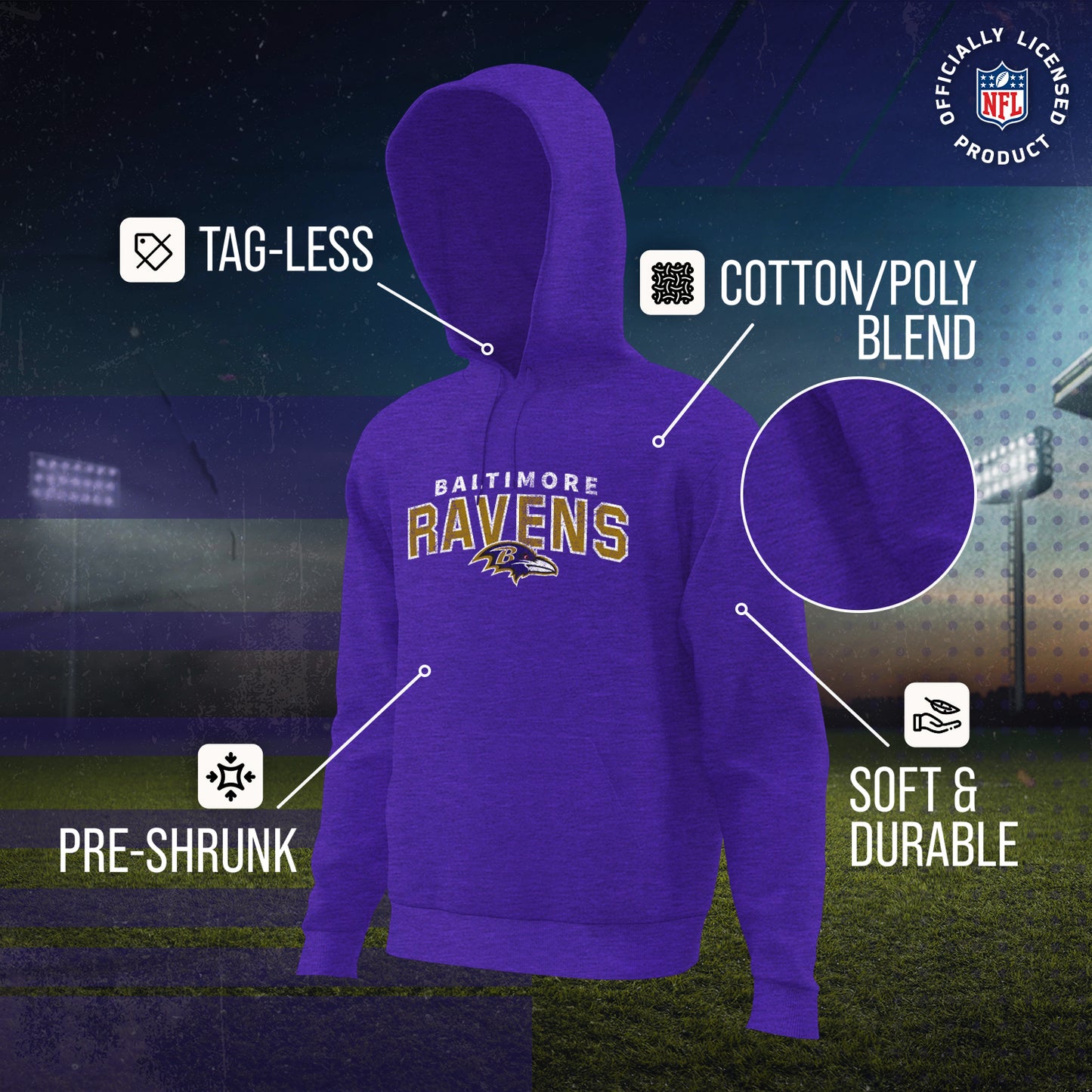 Baltimore Ravens NFL Adult Unisex Starting Fresh Ultra Soft Fleece Hooded Sweatshirt - Purple