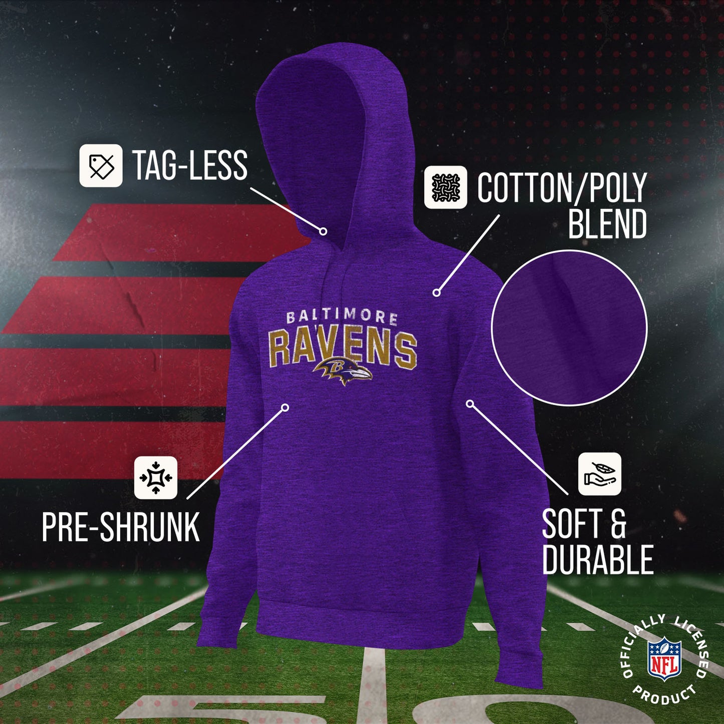 Baltimore Ravens NFL Youth Starting Fresh Hoodie- Pro Football Sweatshirt for Boys and Girls - Purple