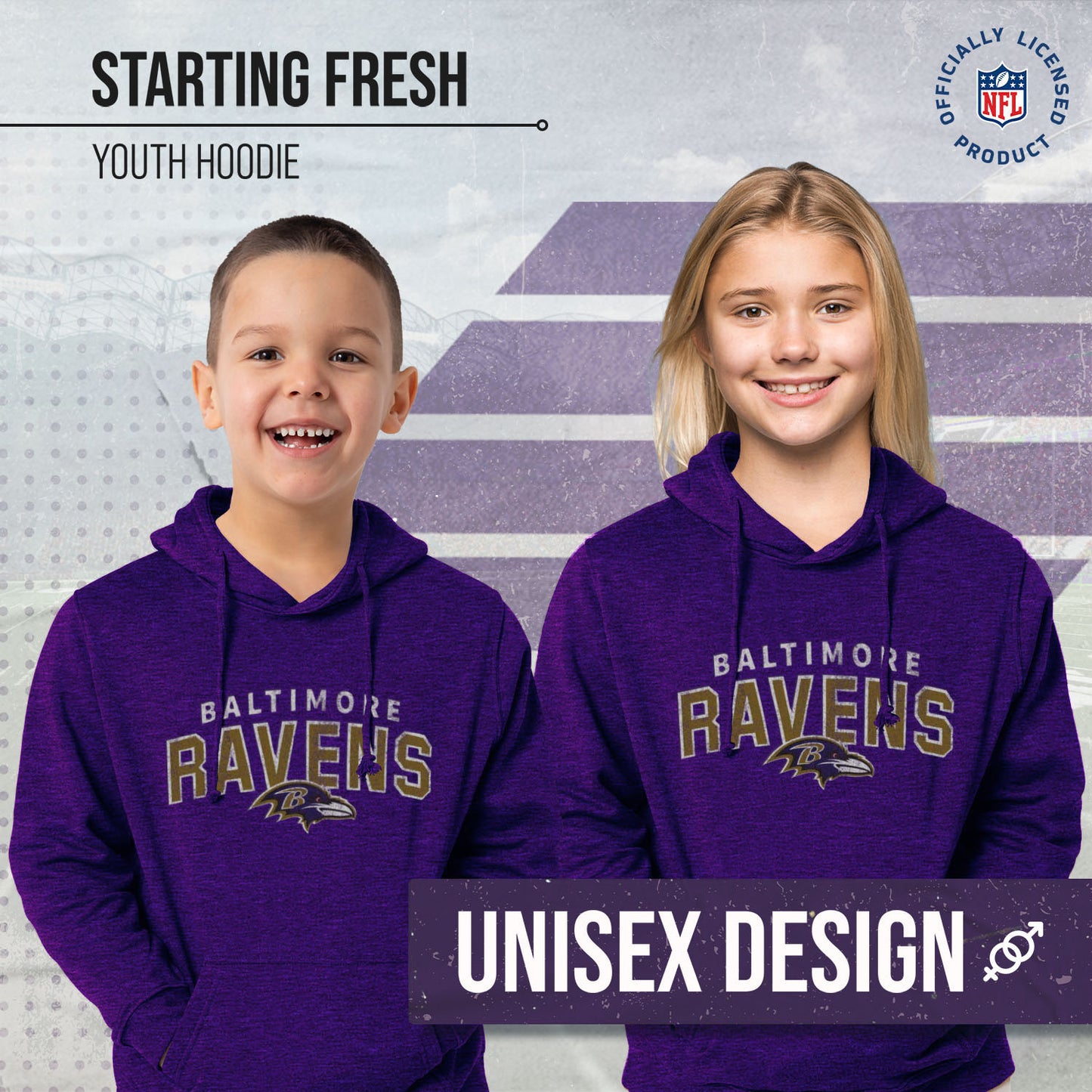 Baltimore Ravens NFL Youth Starting Fresh Hoodie- Pro Football Sweatshirt for Boys and Girls - Purple