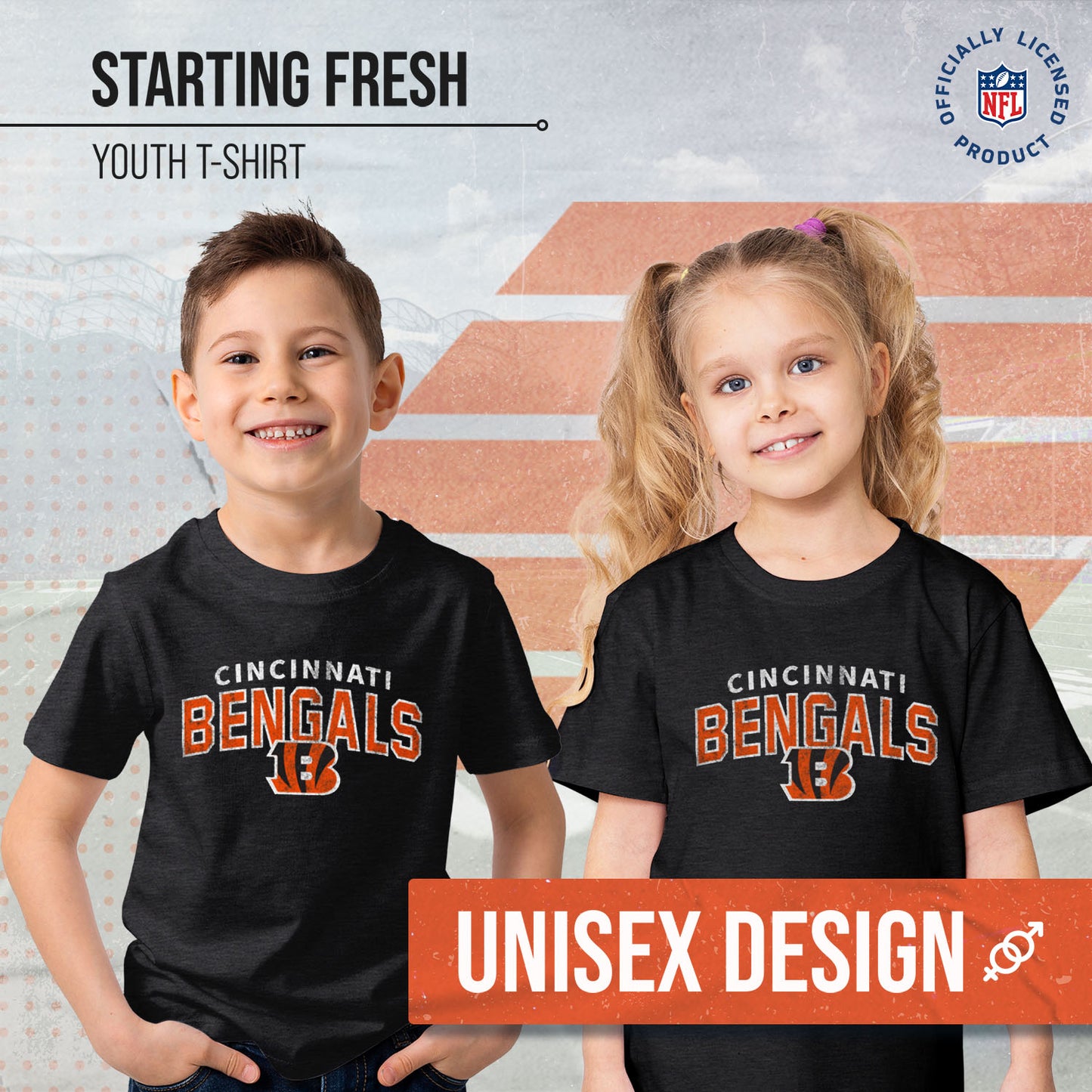 Cincinnati Bengals NFL Youth Starting Fresh Tee- Pro Football Tag-Less T-Shirt For Boys & Girls - Black