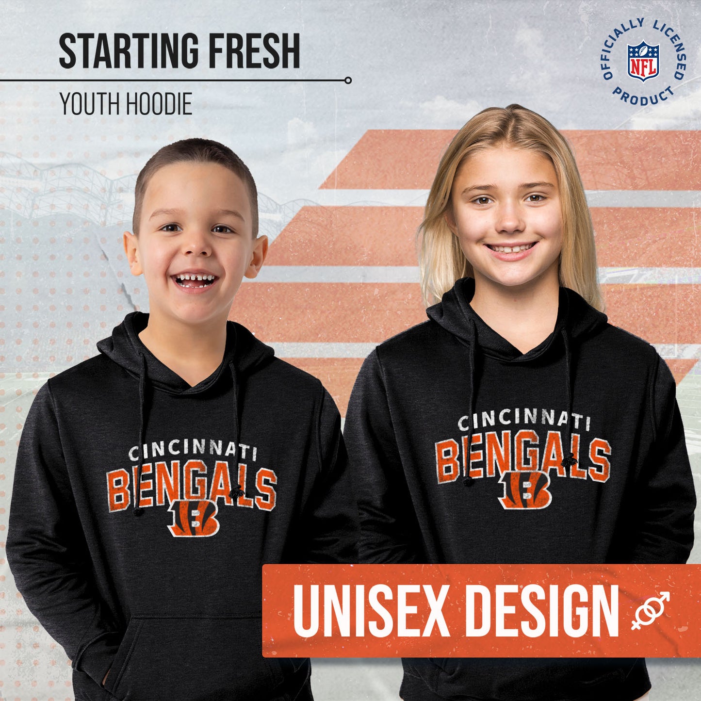 Cincinnati Bengals NFL Youth Starting Fresh Hoodie- Pro Football Sweatshirt for Boys and Girls - Black