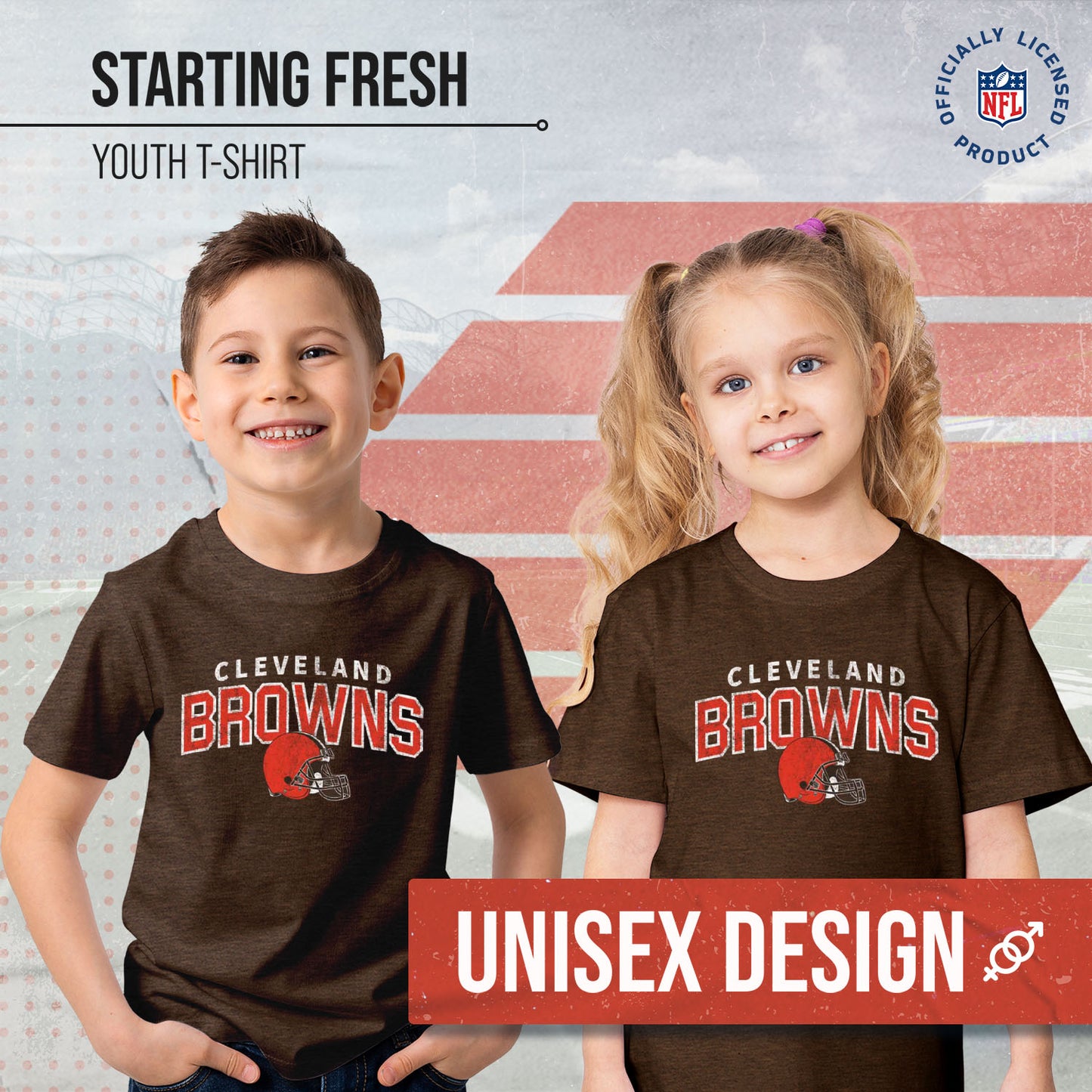 Cleveland Browns NFL Youth Starting Fresh Tee- Pro Football Heather T-Shirt For Boys & Girls - Brown