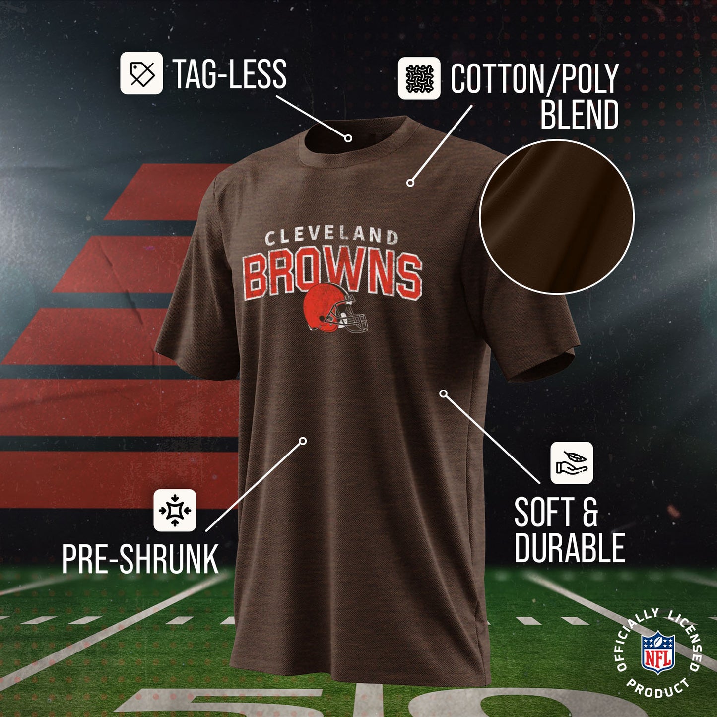 Cleveland Browns NFL Youth Starting Fresh Tee- Pro Football Heather T-Shirt For Boys & Girls - Brown