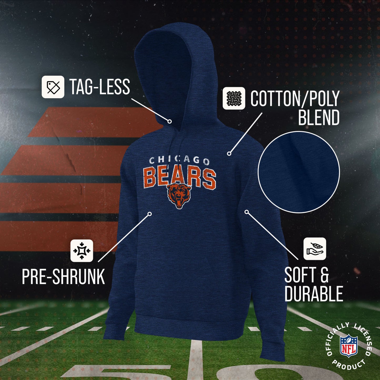 Chicago Bears NFL Youth Starting Fresh Hoodie- Pro Football Sweatshirt for Boys and Girls - Navy