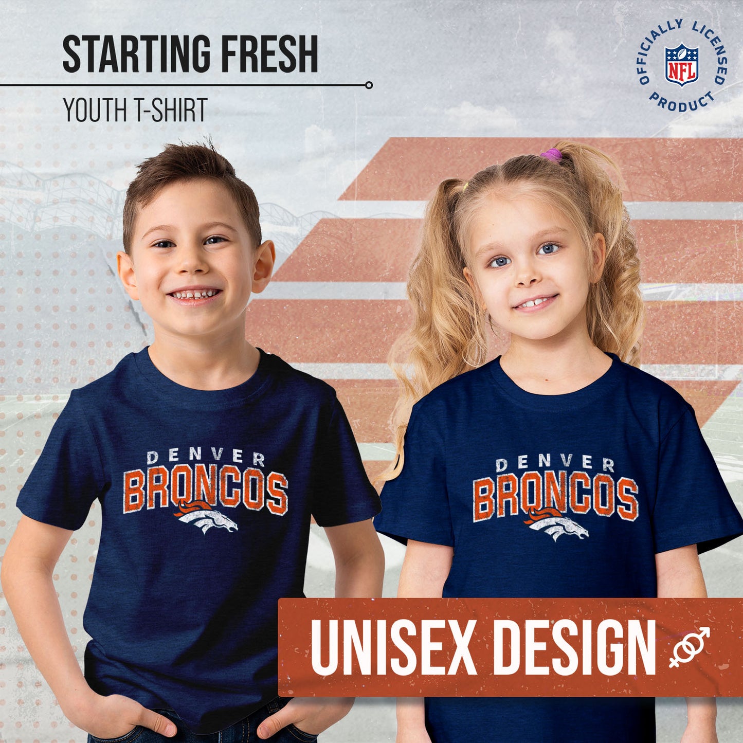 Denver Broncos NFL Youth Starting Fresh Tee- Pro Football Tag-Less T-Shirt For Boys & Girls - Navy