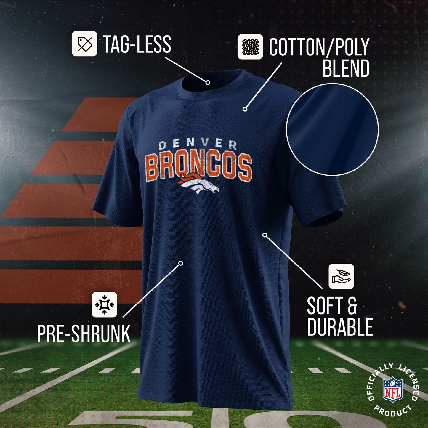 Denver Broncos NFL Youth Starting Fresh Tee- Pro Football Tag-Less T-Shirt For Boys & Girls - Navy