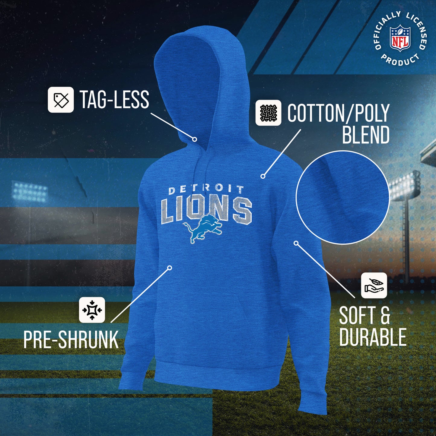 Detroit Lions NFL Adult Unisex Starting Fresh Ultra Soft Fleece Hooded Sweatshirt - Royal