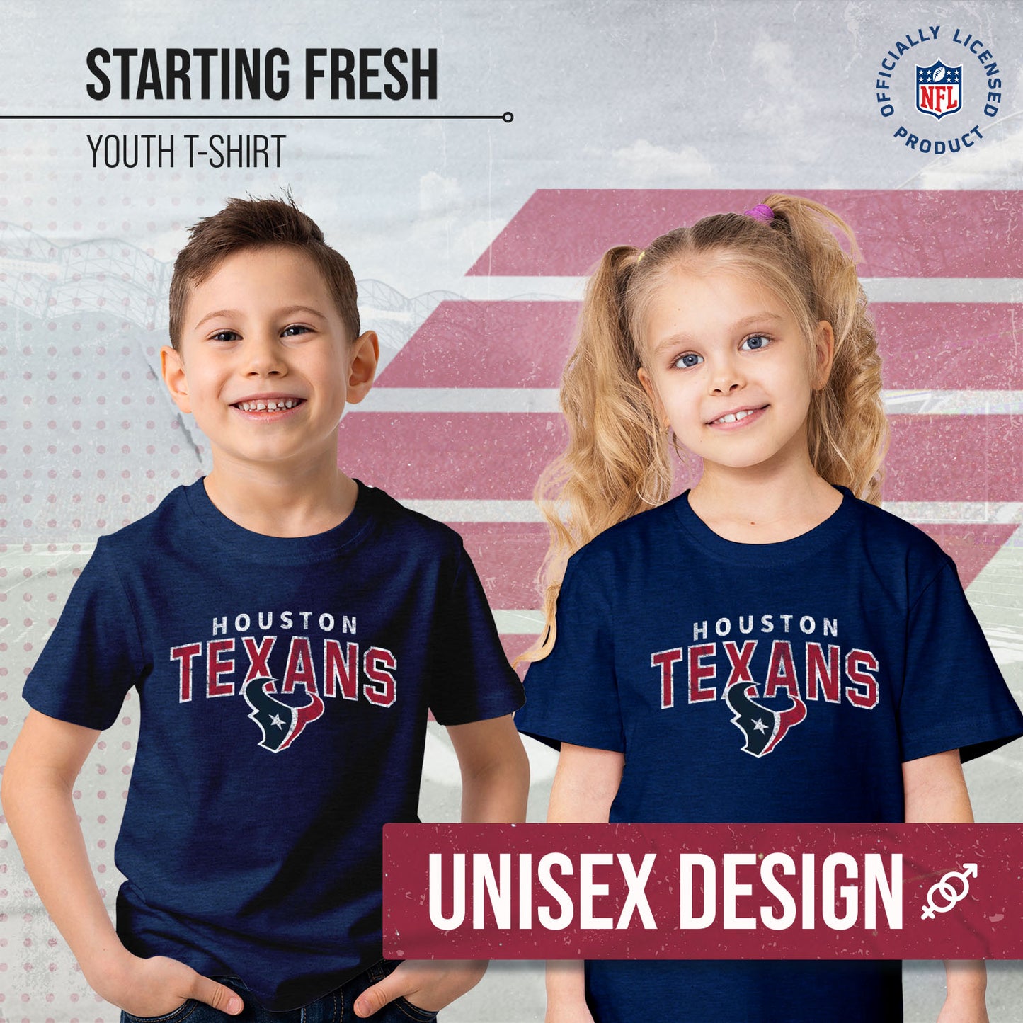 Houston Texans NFL Youth Starting Fresh Tee- Pro Football Tag-Less T-Shirt For Boys & Girls - Navy