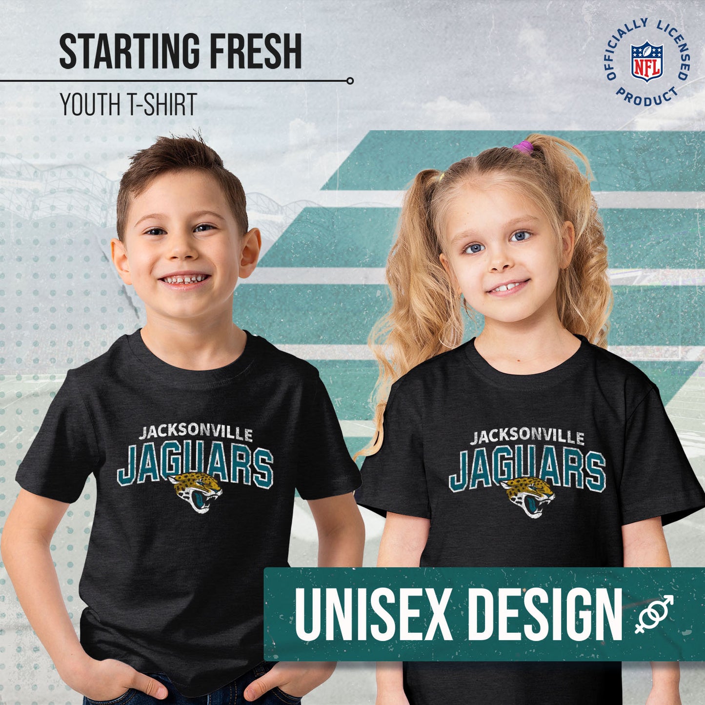 Jacksonville Jaguars NFL Youth Starting Fresh Tee- Pro Football Tag-Less T-Shirt For Boys & Girls - Black