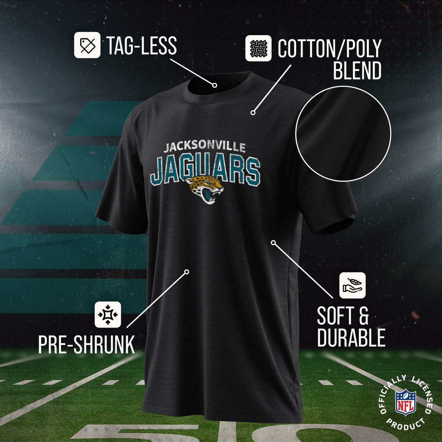 Jacksonville Jaguars NFL Youth Starting Fresh Tee- Pro Football Tag-Less T-Shirt For Boys & Girls - Black