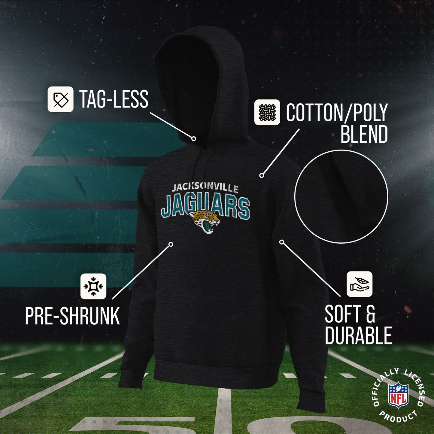 Jacksonville Jaguars NFL Youth Starting Fresh Hoodie- Pro Football Sweatshirt for Boys and Girls - Black