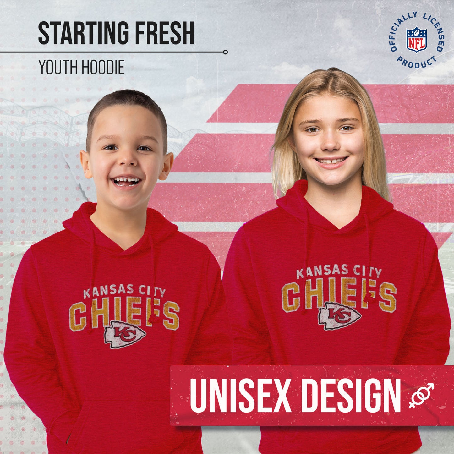 Kansas City Chiefs NFL Youth Starting Fresh Hoodie- Pro Football Sweatshirt for Boys and Girls - Red