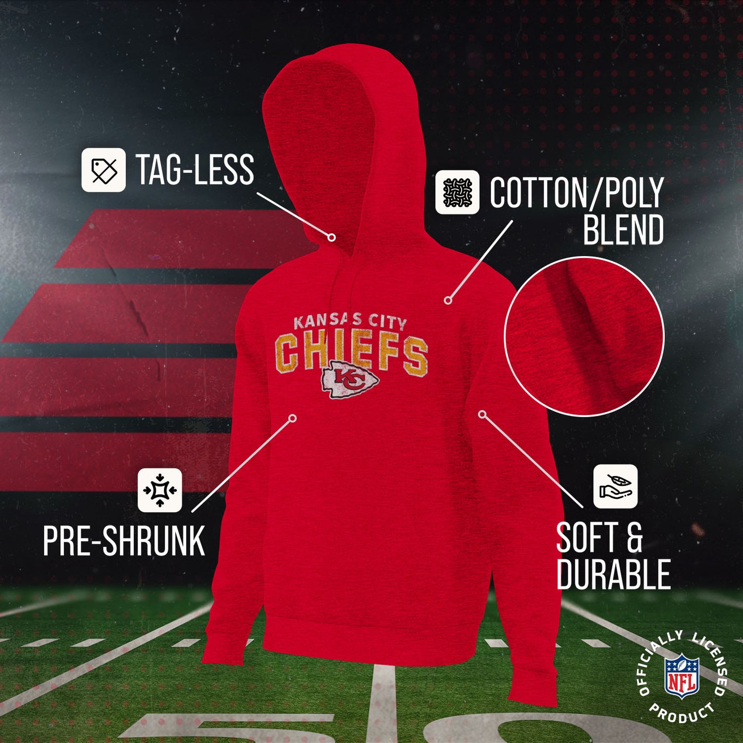 Kansas City Chiefs NFL Youth Starting Fresh Hoodie- Pro Football Sweatshirt for Boys and Girls - Red