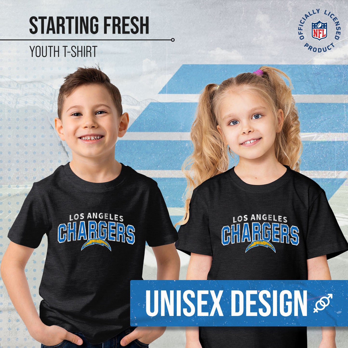 Los Angeles Chargers NFL Youth Starting Fresh Tee- Pro Football Tag-Less T-Shirt For Boys & Girls - Black