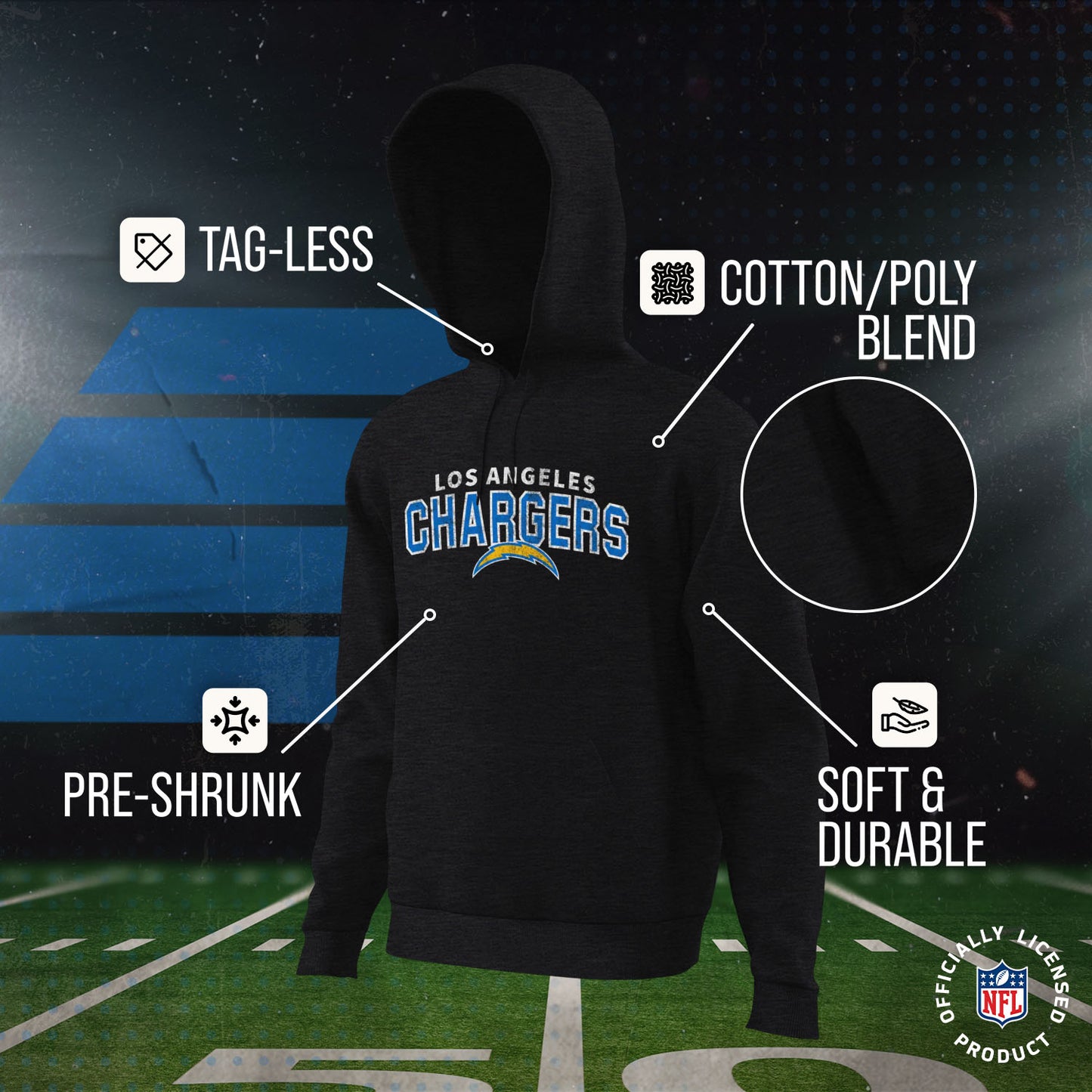 Los Angeles Chargers NFL Youth Starting Fresh Hoodie- Pro Football Sweatshirt for Boys and Girls - Black