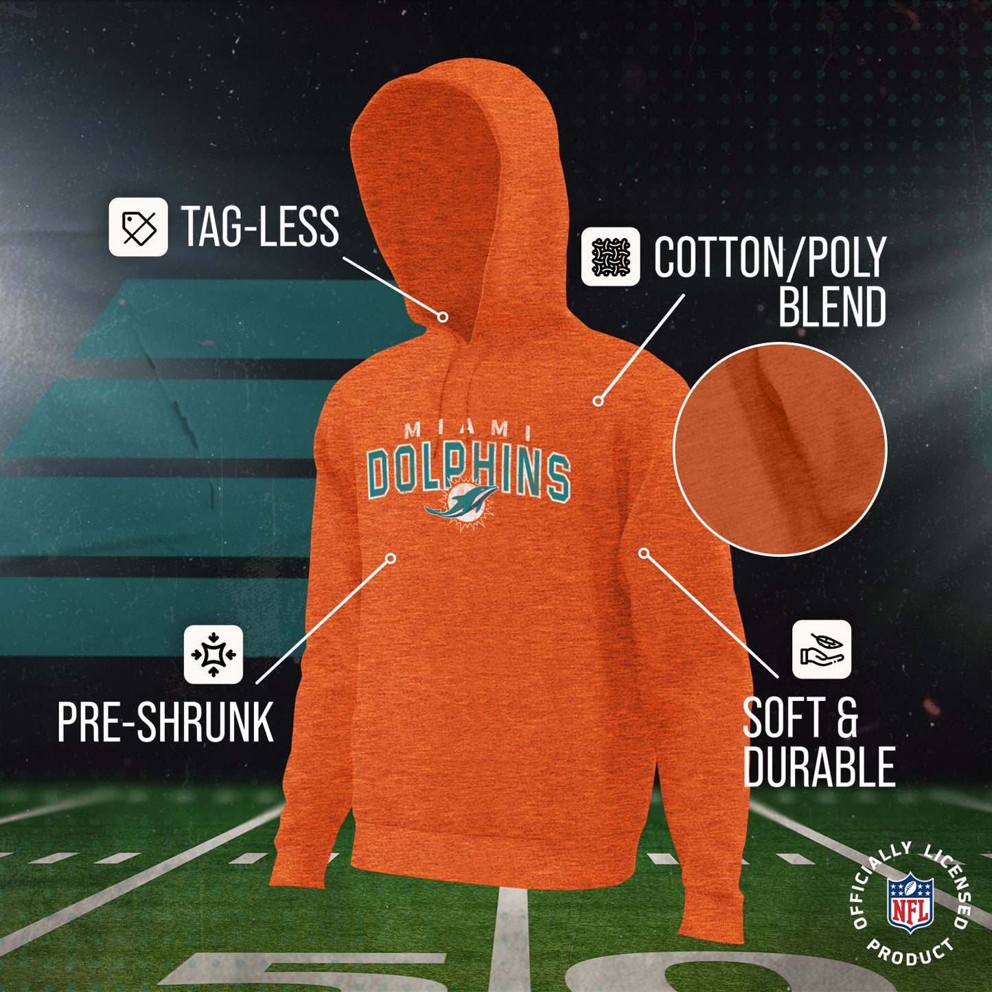 Miami Dolphins NFL Youth Starting Fresh Hoodie- Pro Football Sweatshirt for Boys and Girls - Orange