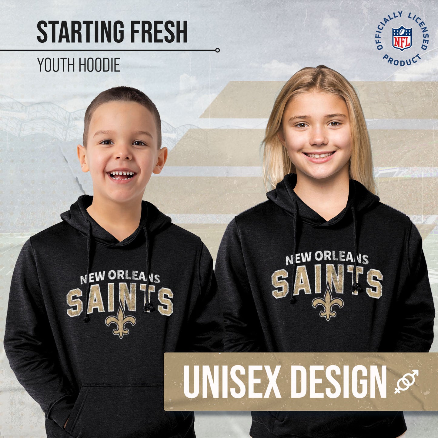 New Orleans Saints NFL Youth Starting Fresh Hoodie- Pro Football Sweatshirt for Boys and Girls - Black