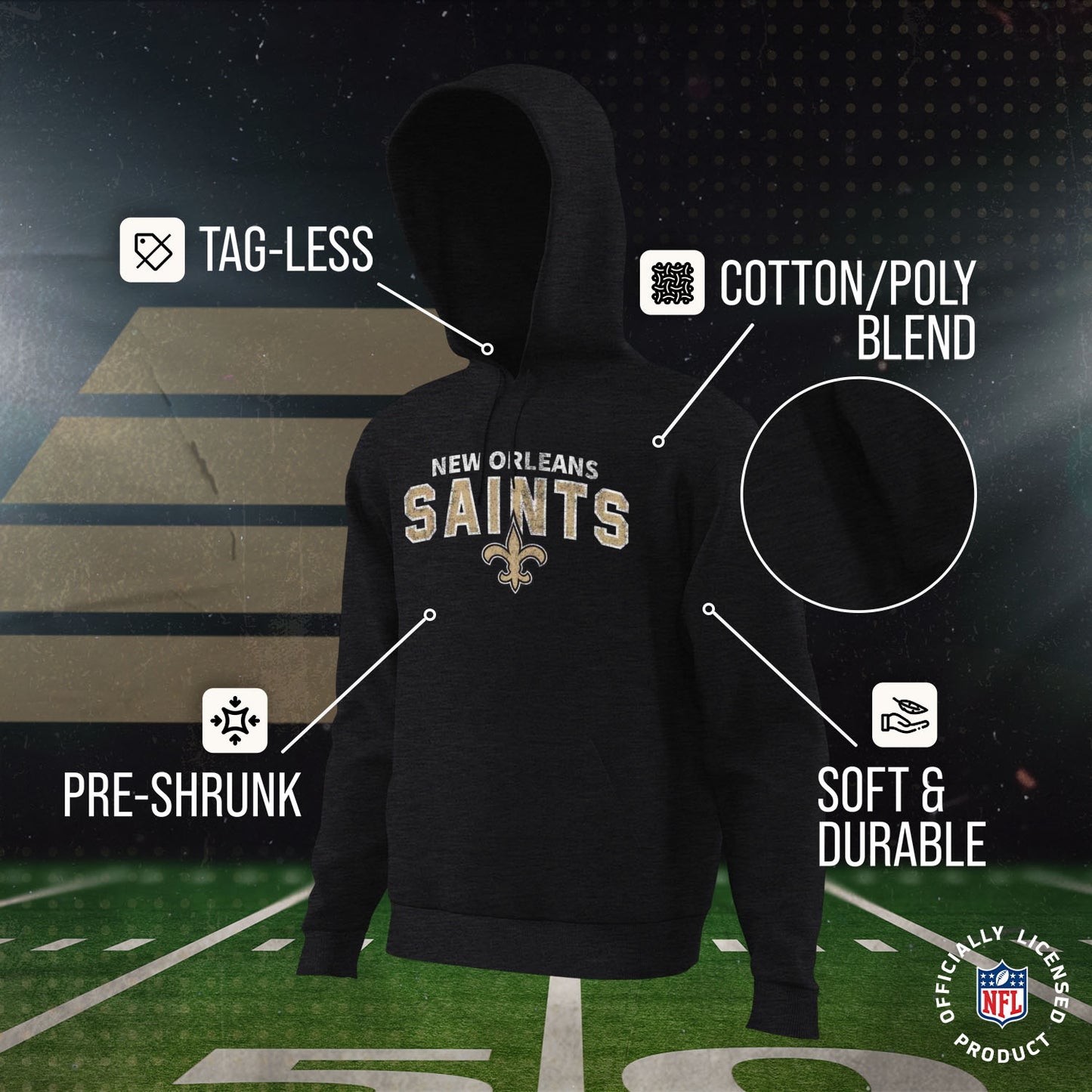 New Orleans Saints NFL Youth Starting Fresh Hoodie- Pro Football Sweatshirt for Boys and Girls - Black