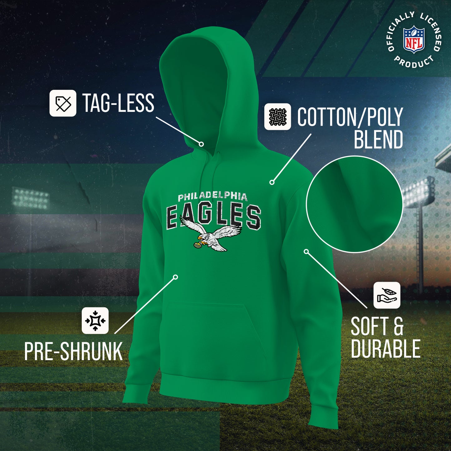 Philadelphia Eagles NFL Adult Unisex Starting Fresh Ultra Soft Fleece Hooded Sweatshirt - Kelly Green