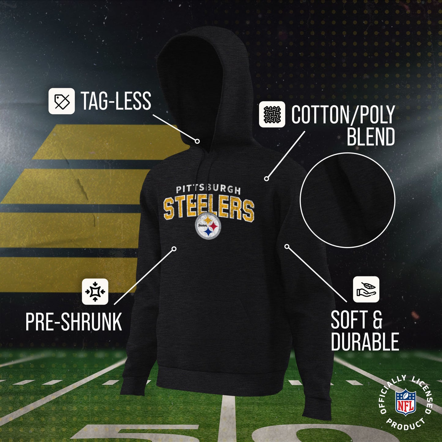 Pittsburgh Steelers NFL Youth Starting Fresh Hoodie- Pro Football Sweatshirt for Boys and Girls - Black