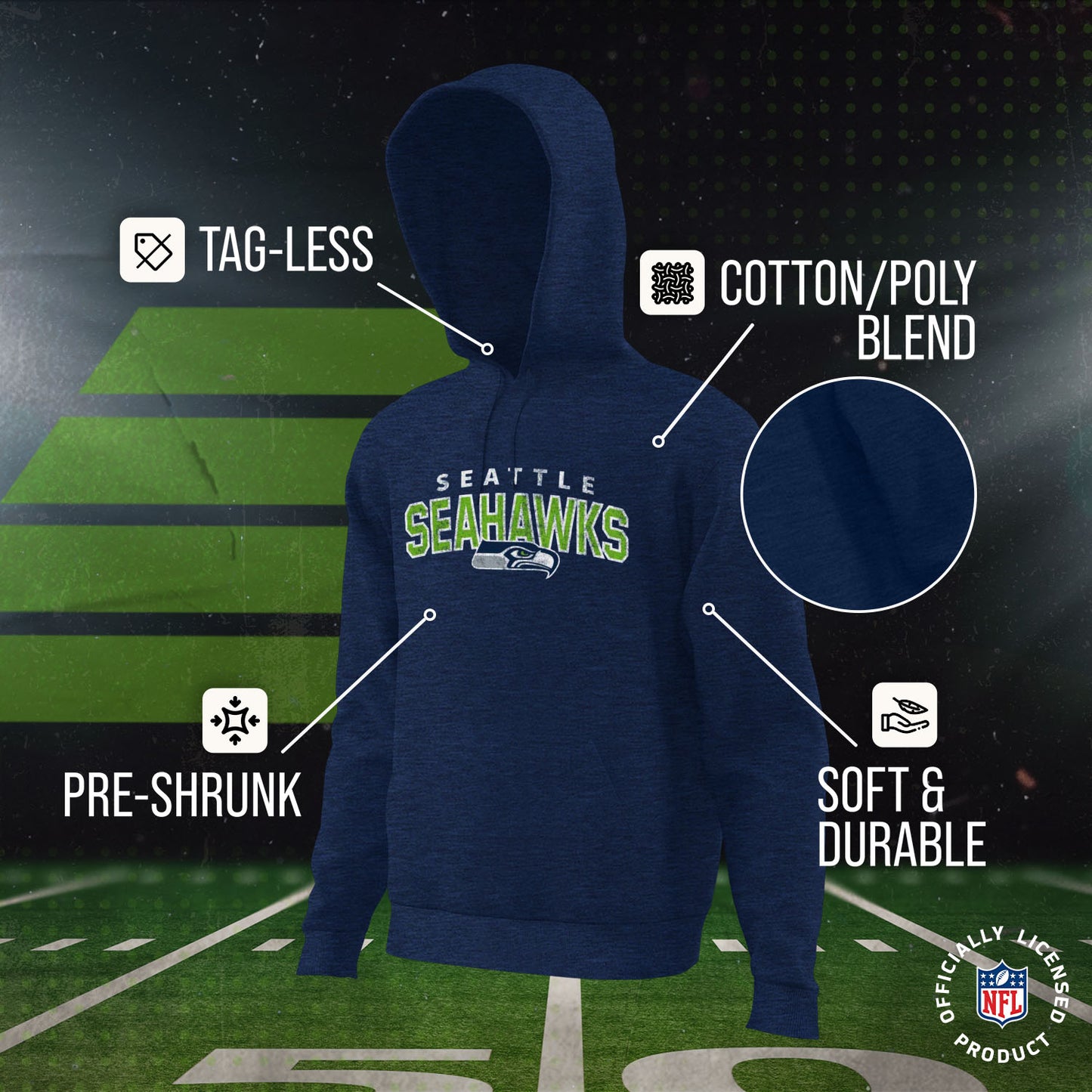 Seattle Seahawks NFL Youth Starting Fresh Hoodie- Pro Football Sweatshirt for Boys and Girls - Navy