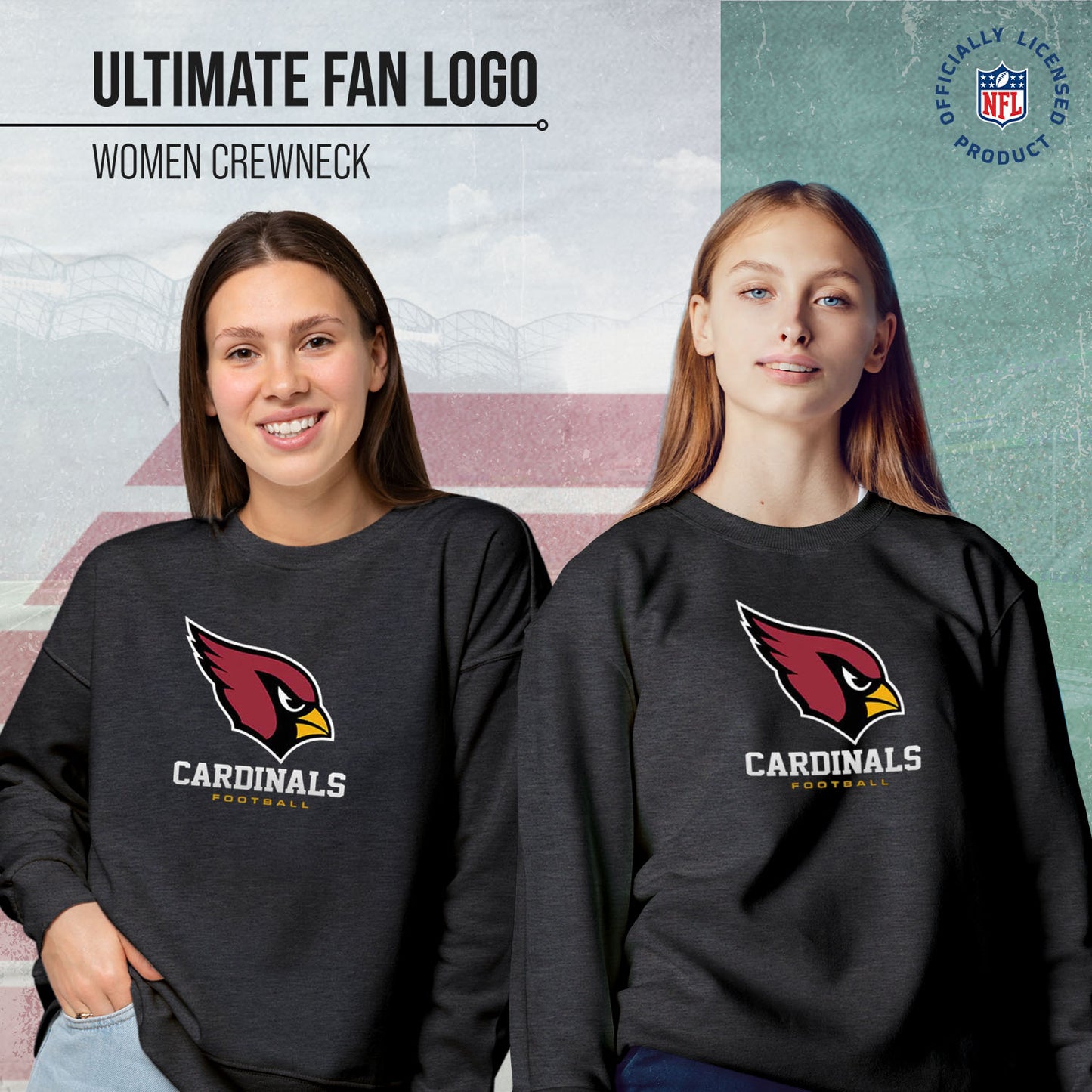 Arizona Cardinals Women's NFL Ultimate Fan Logo Slouchy Crewneck -Tagless Fleece Lightweight Pullover - Charcoal