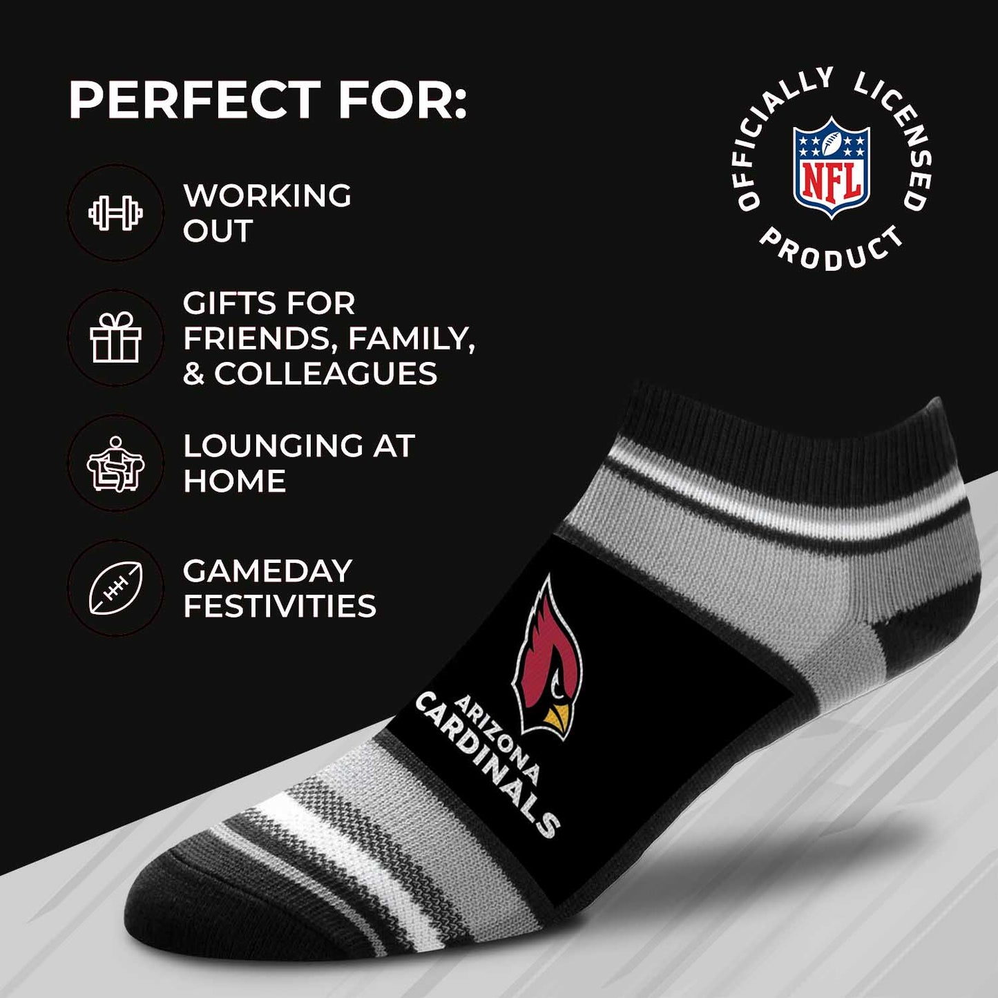 Arizona Cardinals NFL Adult Marquis Addition No Show Socks - Black