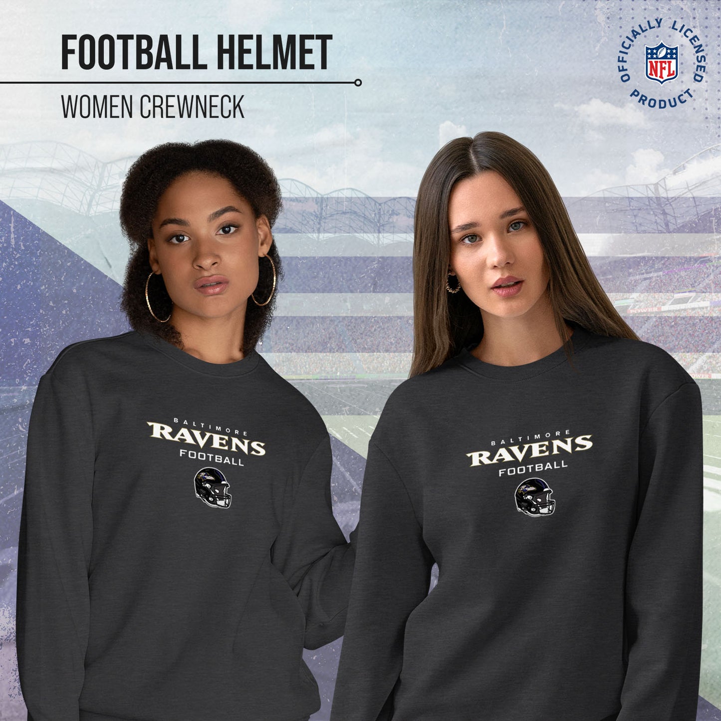 Baltimore Ravens Women's NFL Football Helmet Charcoal Slouchy Crewneck -Tagless Lightweight Pullover - Charcoal