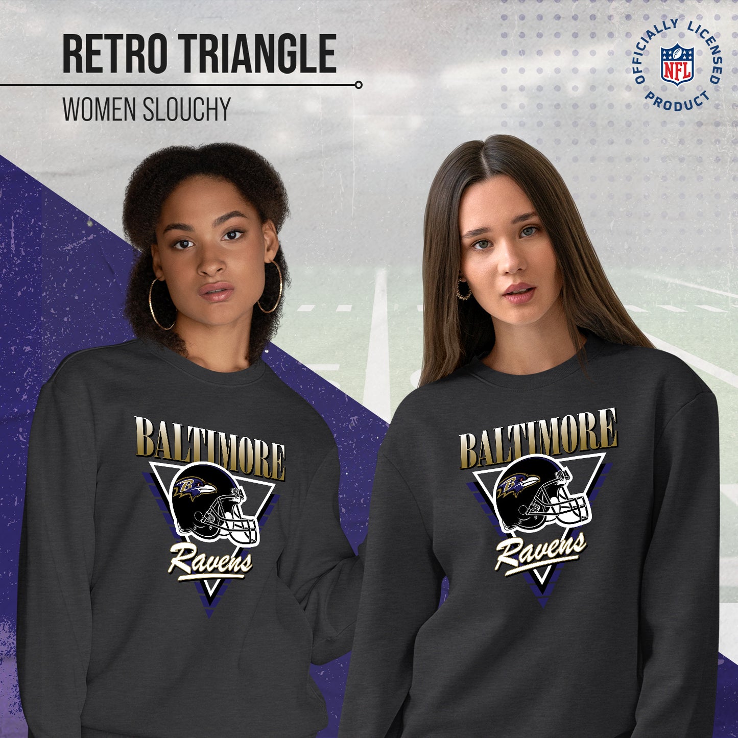 Baltimore Ravens NFL Womens Retro Triangle Slouchy Crewneck - Heather Charcoal