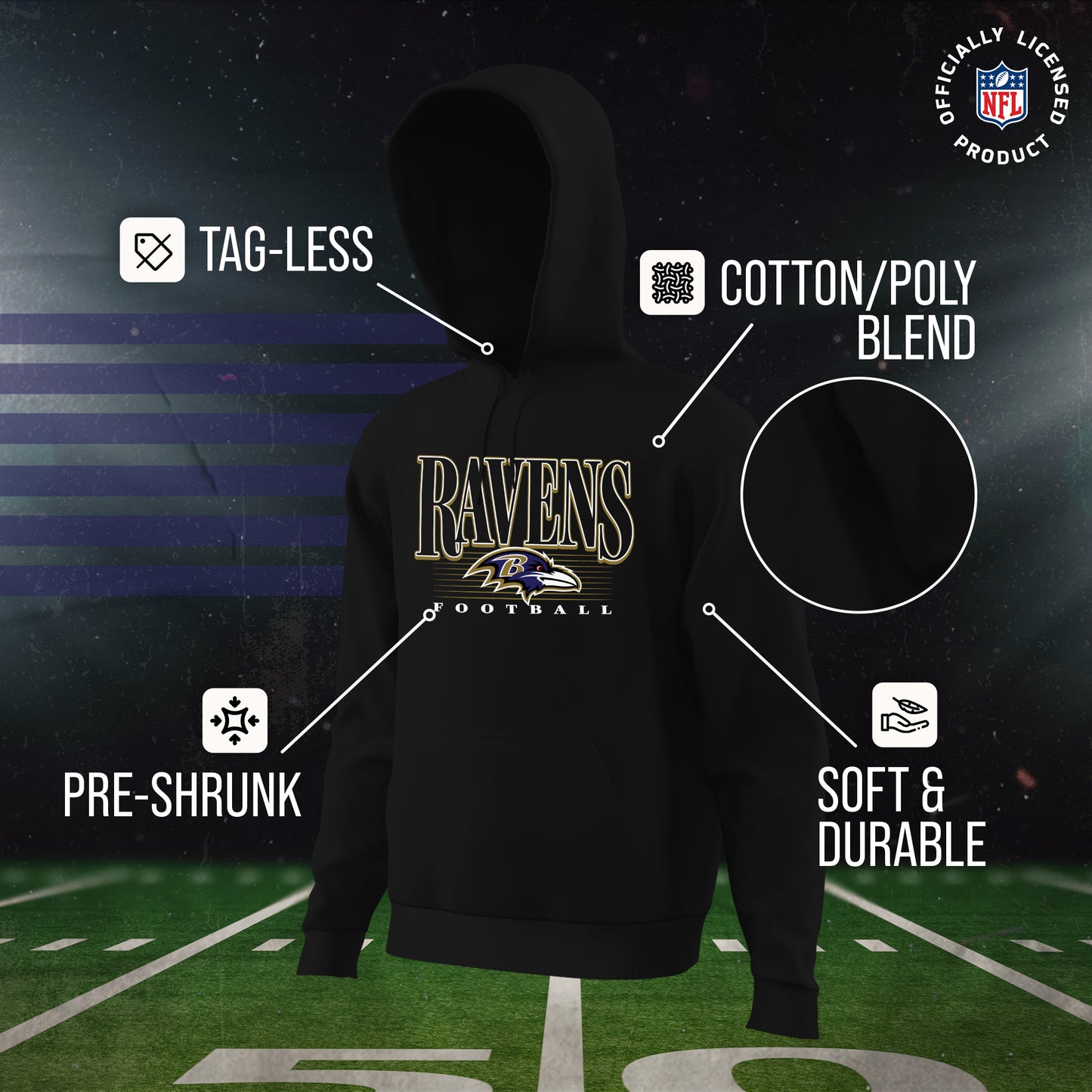 Baltimore Ravens NFL Adult Unisex Overtime Blueprint Soft Fleece Hooded Sweatshirt - Black