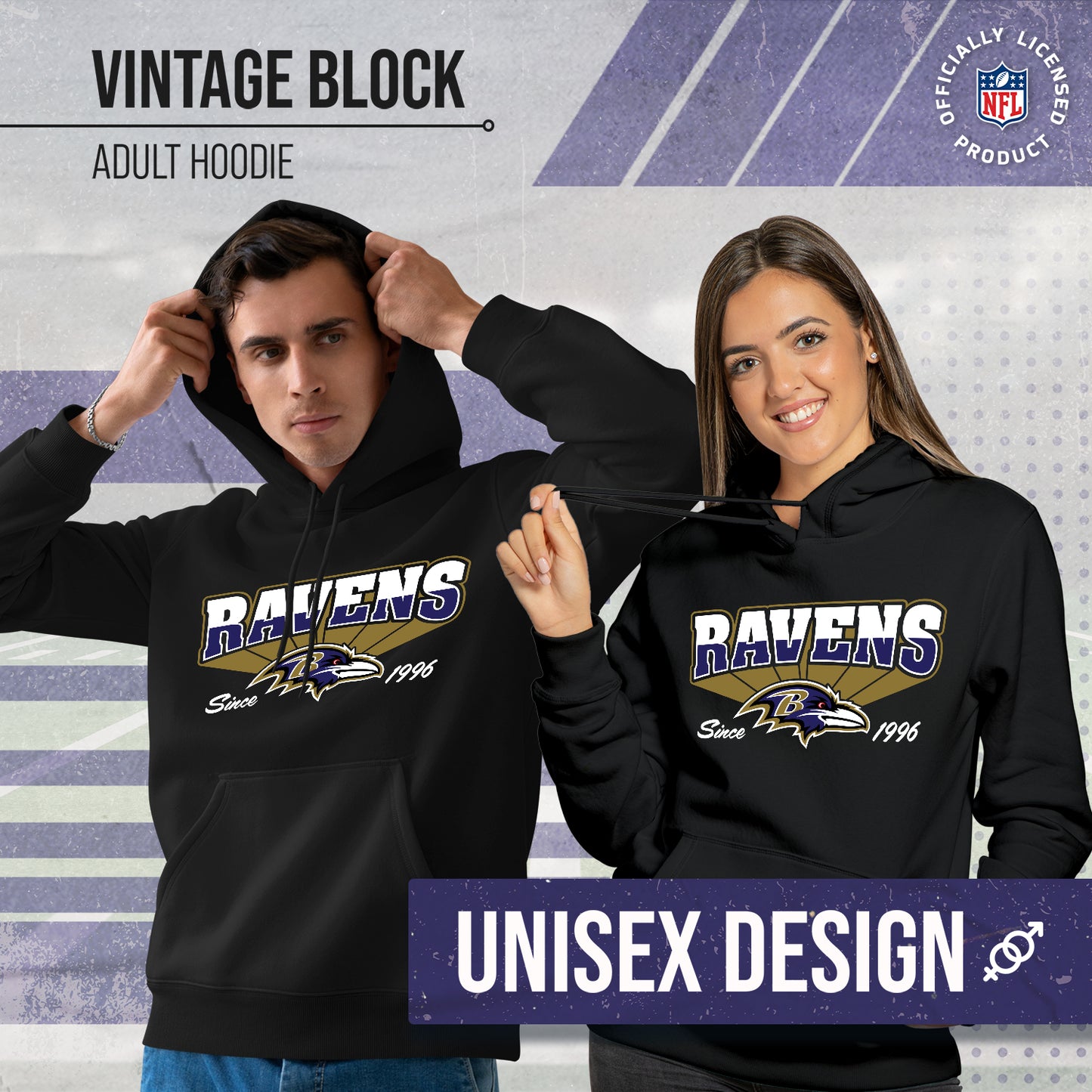 Baltimore Ravens NFL Adult Unisex Vintage Block Ultra Soft Fleece Hooded Sweatshirt - Black