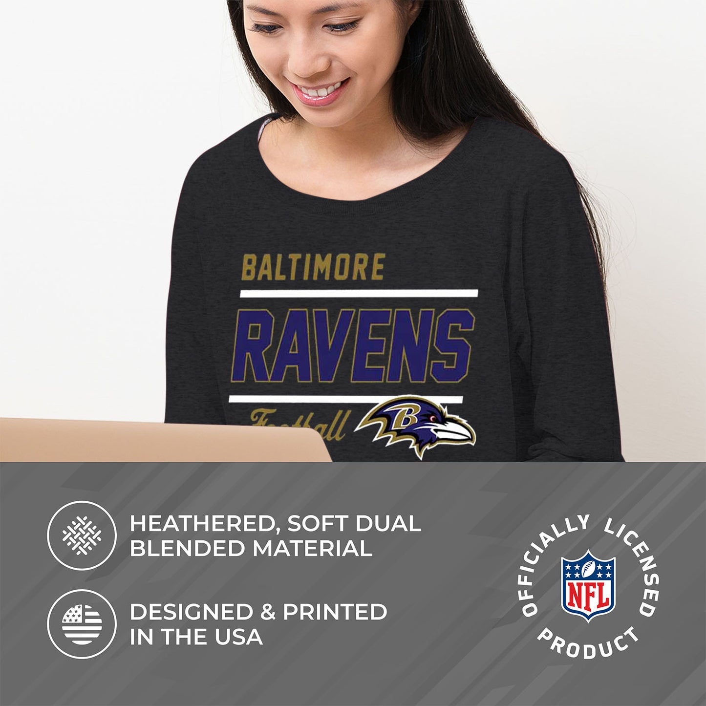 Baltimore Ravens NFL Womens Crew Neck Light Weight - Charcoal