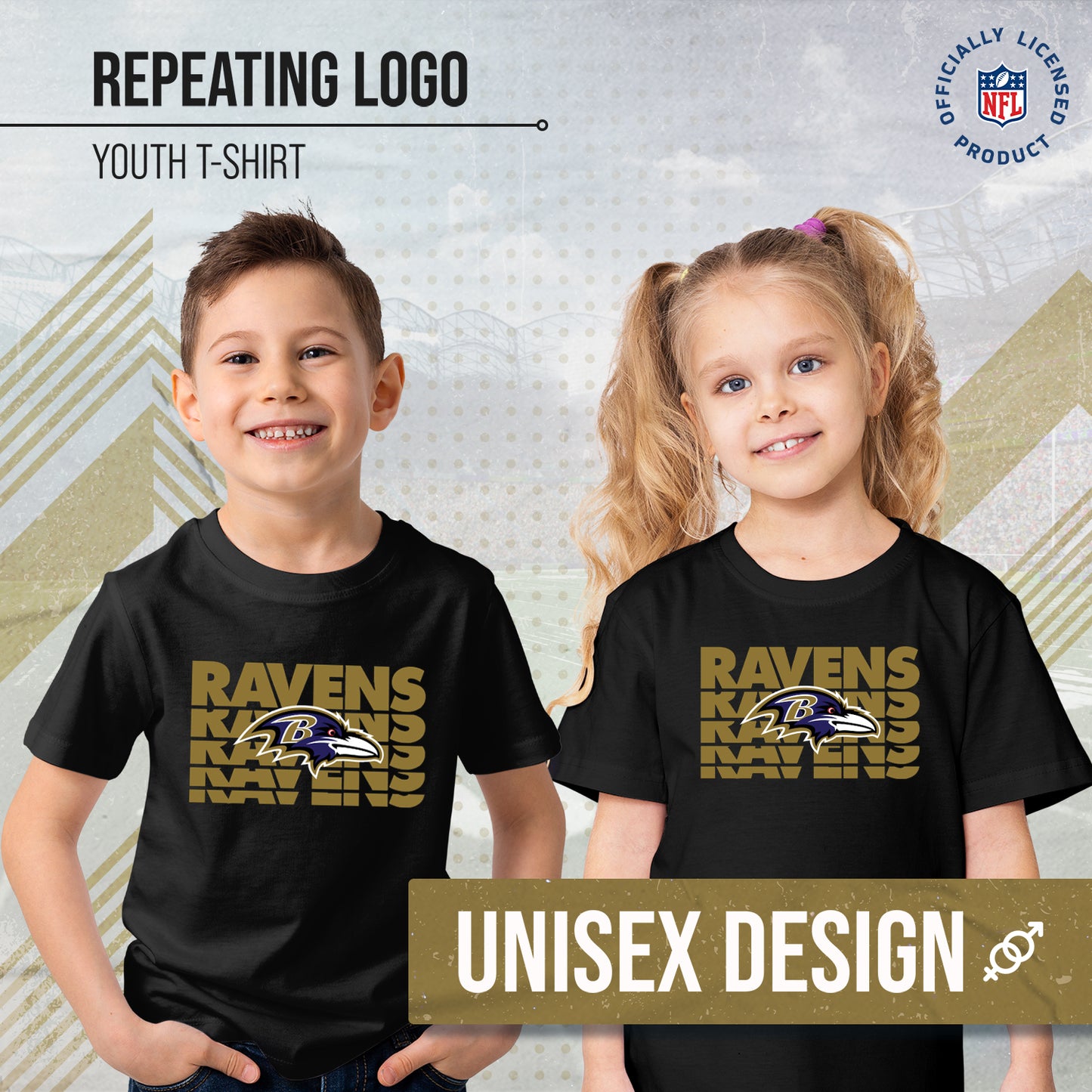 Baltimore Ravens NFL Youth Repeating Logo Football T-Shirt Unisex Tag Free Comfortable - Black