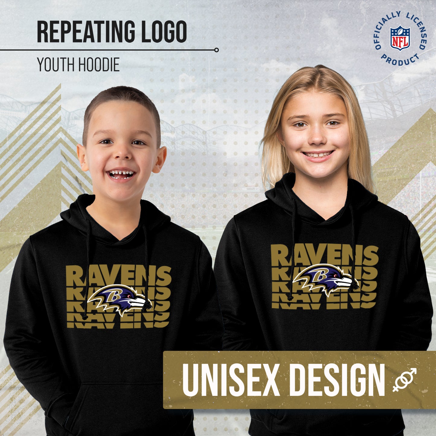 Baltimore Ravens NFL Youth Repeating Logo Football Fleece Hooded Sweatshirt - Black