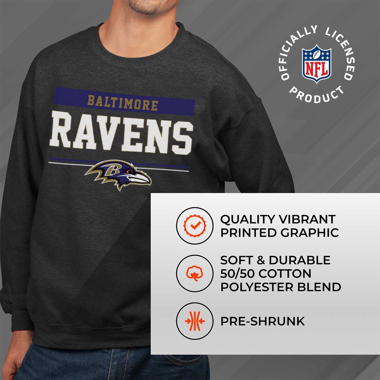Baltimore Ravens NFL Adult Long Sleeve Team Block Charcoal Crewneck Sweatshirt - Charcoal