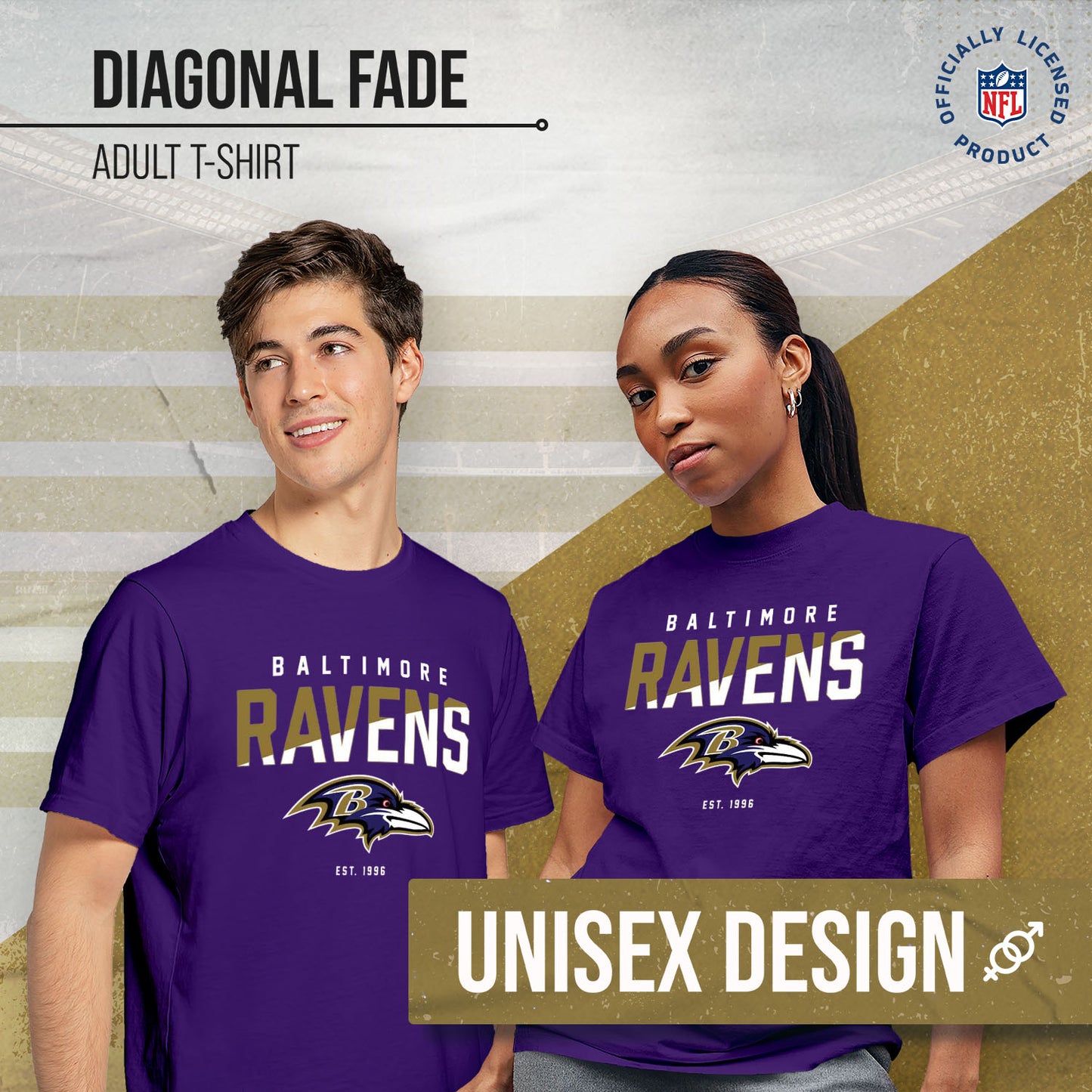 Baltimore Ravens Adult NFL Diagonal Fade Color Block T-Shirt - Purple