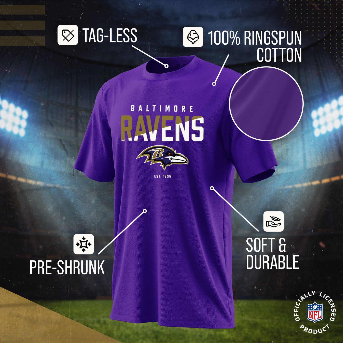 Baltimore Ravens Adult NFL Diagonal Fade Color Block T-Shirt - Purple