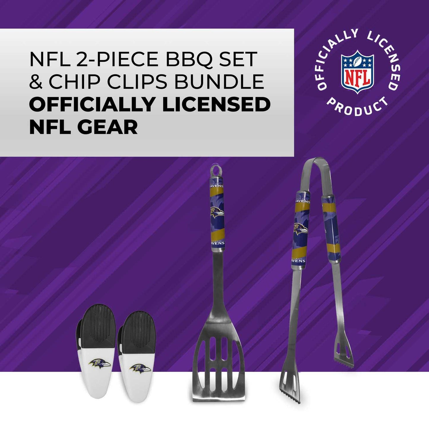 Baltimore Ravens NFL Two Piece Grilling Tools Set with 2 Magnet Chip Clips - Chrome