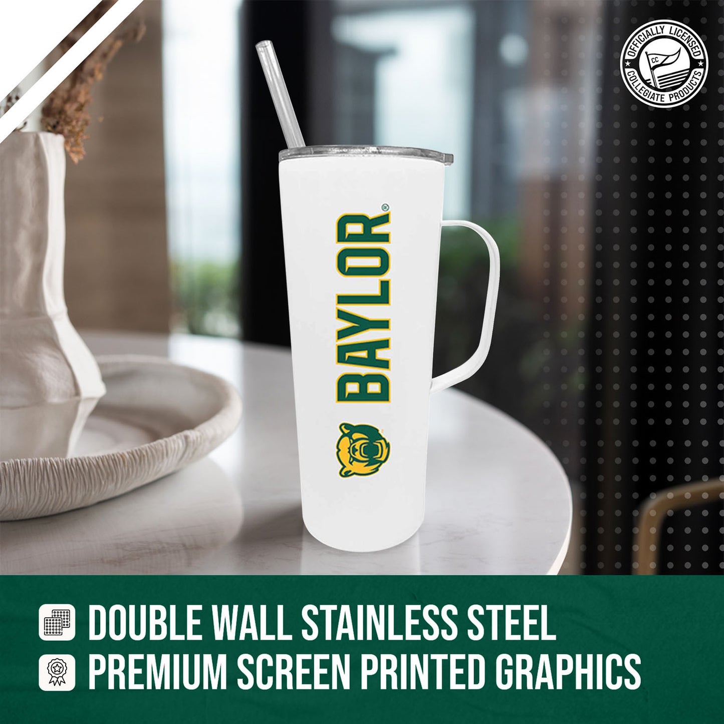 Baylor Bears NCAA Stainless Steal 20oz Roadie With Handle & Dual Option Lid With Straw - White
