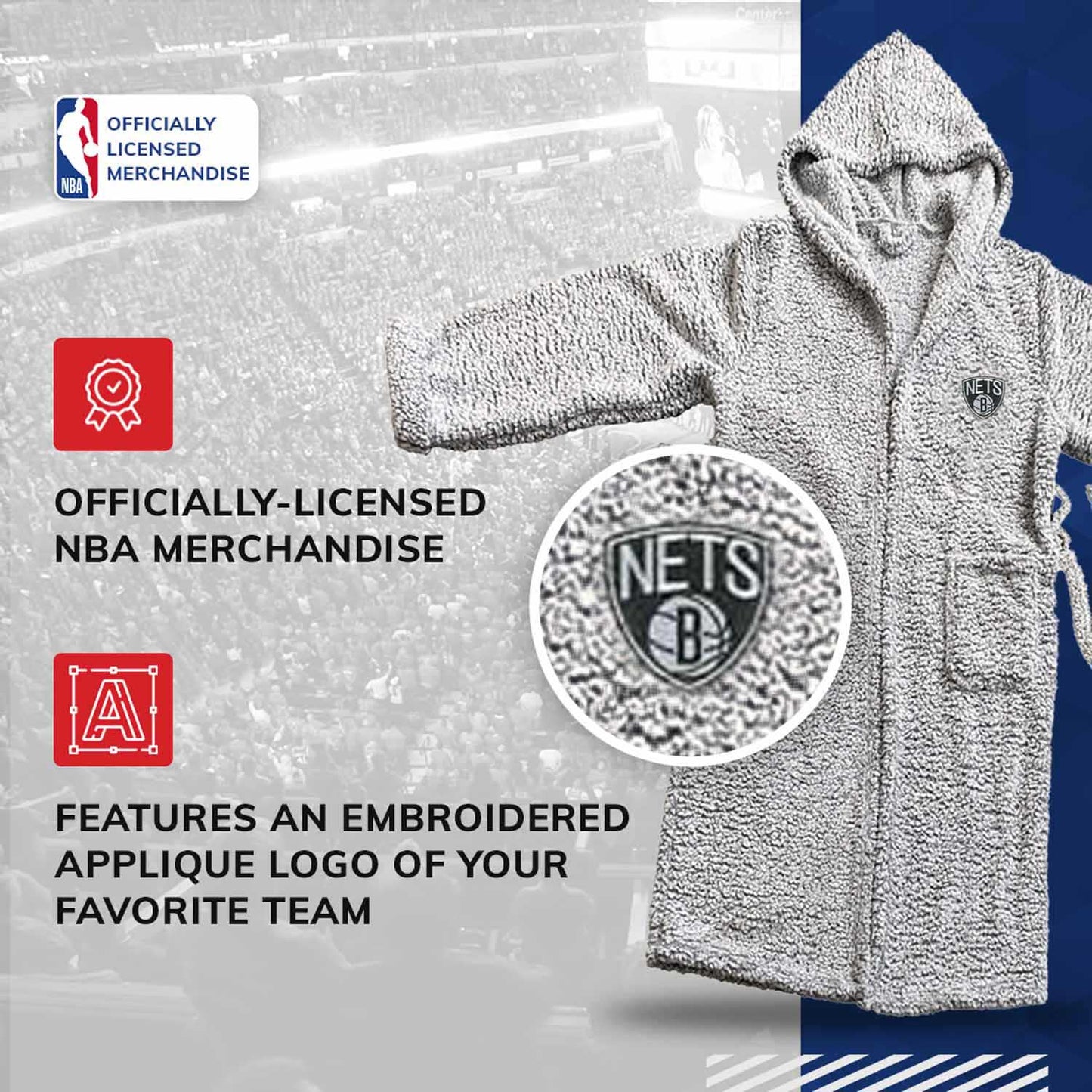 Brooklyn Nets NBA Adult Plush Hooded Robe with Pockets - Gray
