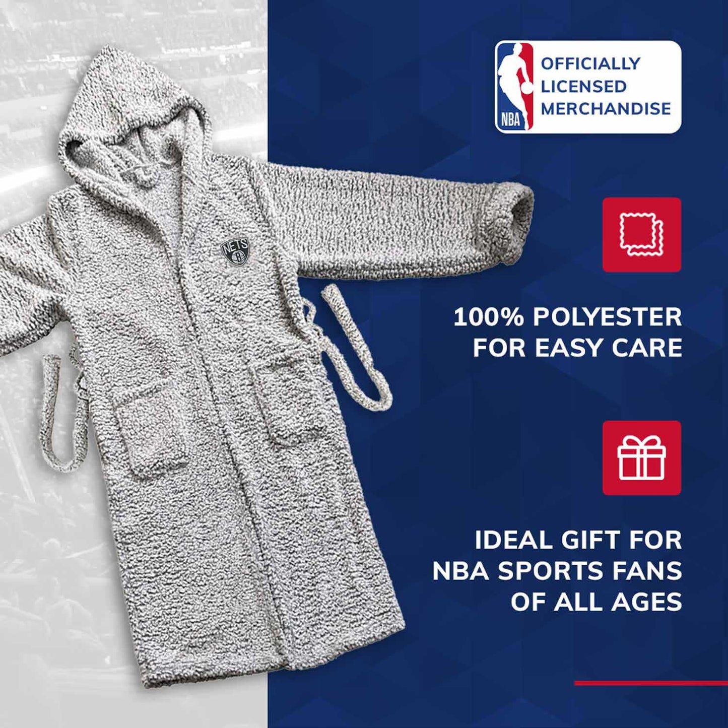 Brooklyn Nets NBA Adult Plush Hooded Robe with Pockets - Gray