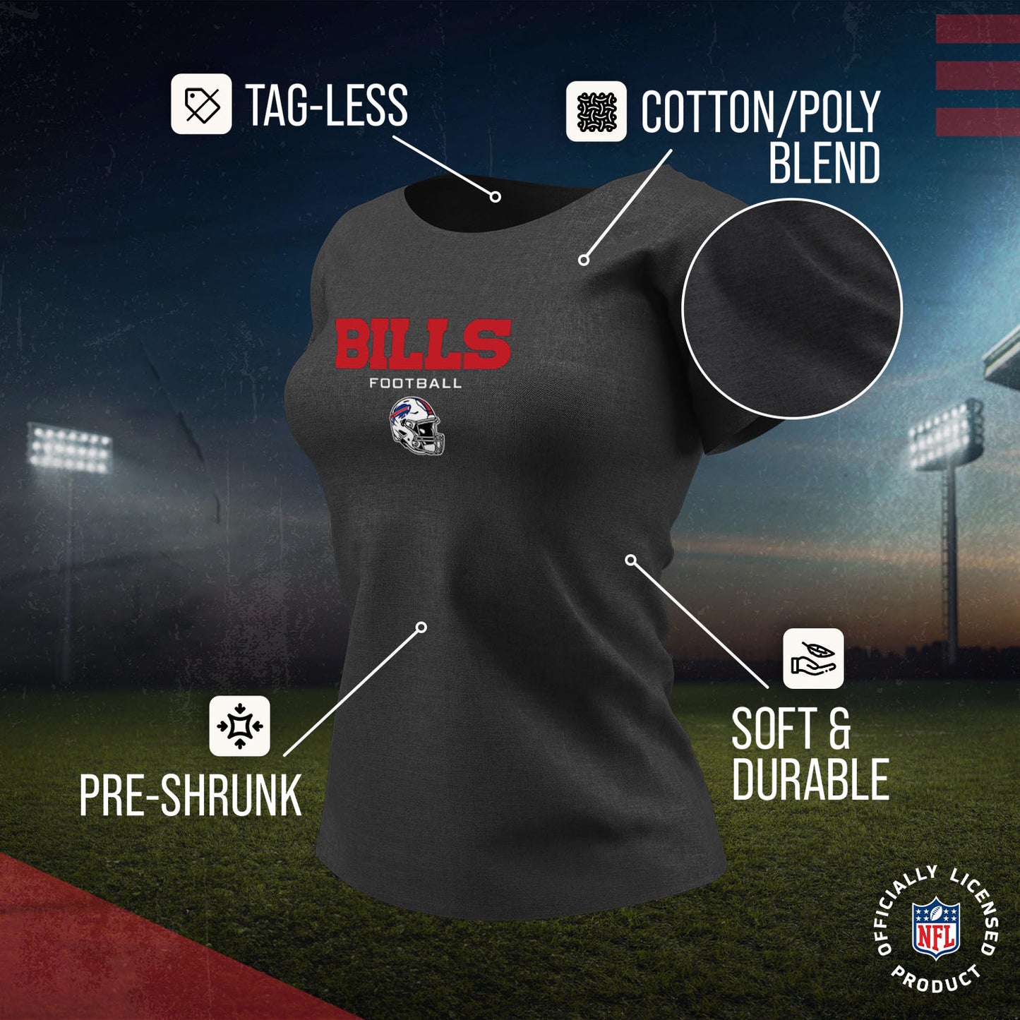 Buffalo Bills Women's NFL Football Helmet Short Sleeve Tagless T-Shirt - Charcoal